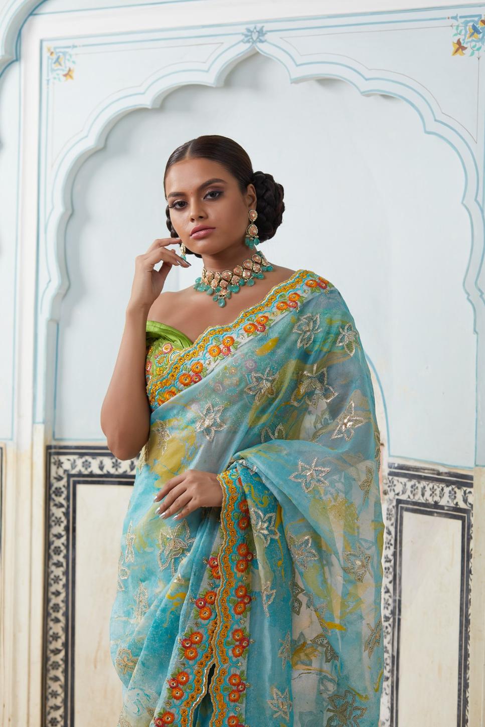 Printed Organza Saree With Green Blouse