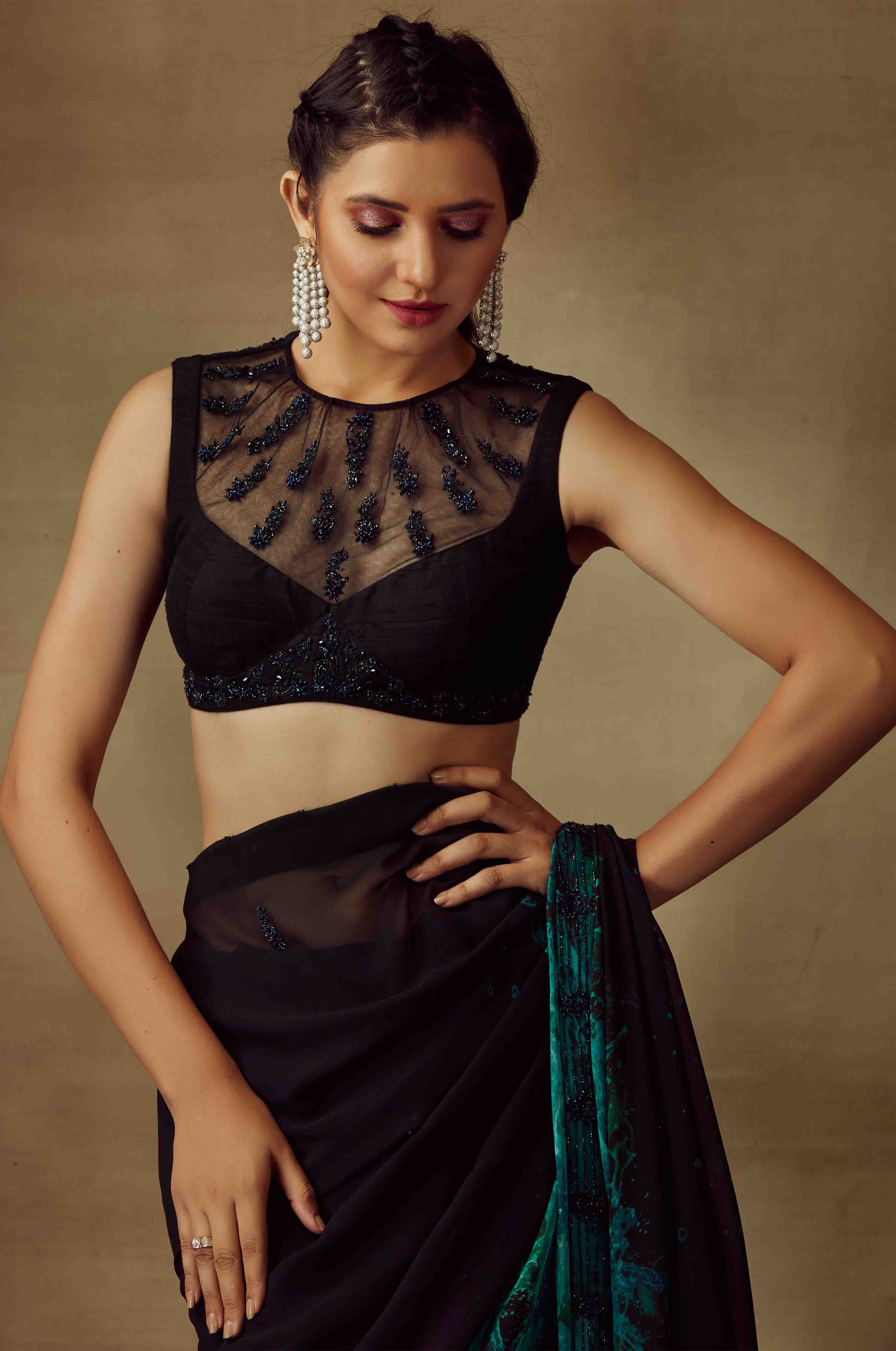 Printed Saree With High Neck Blouse