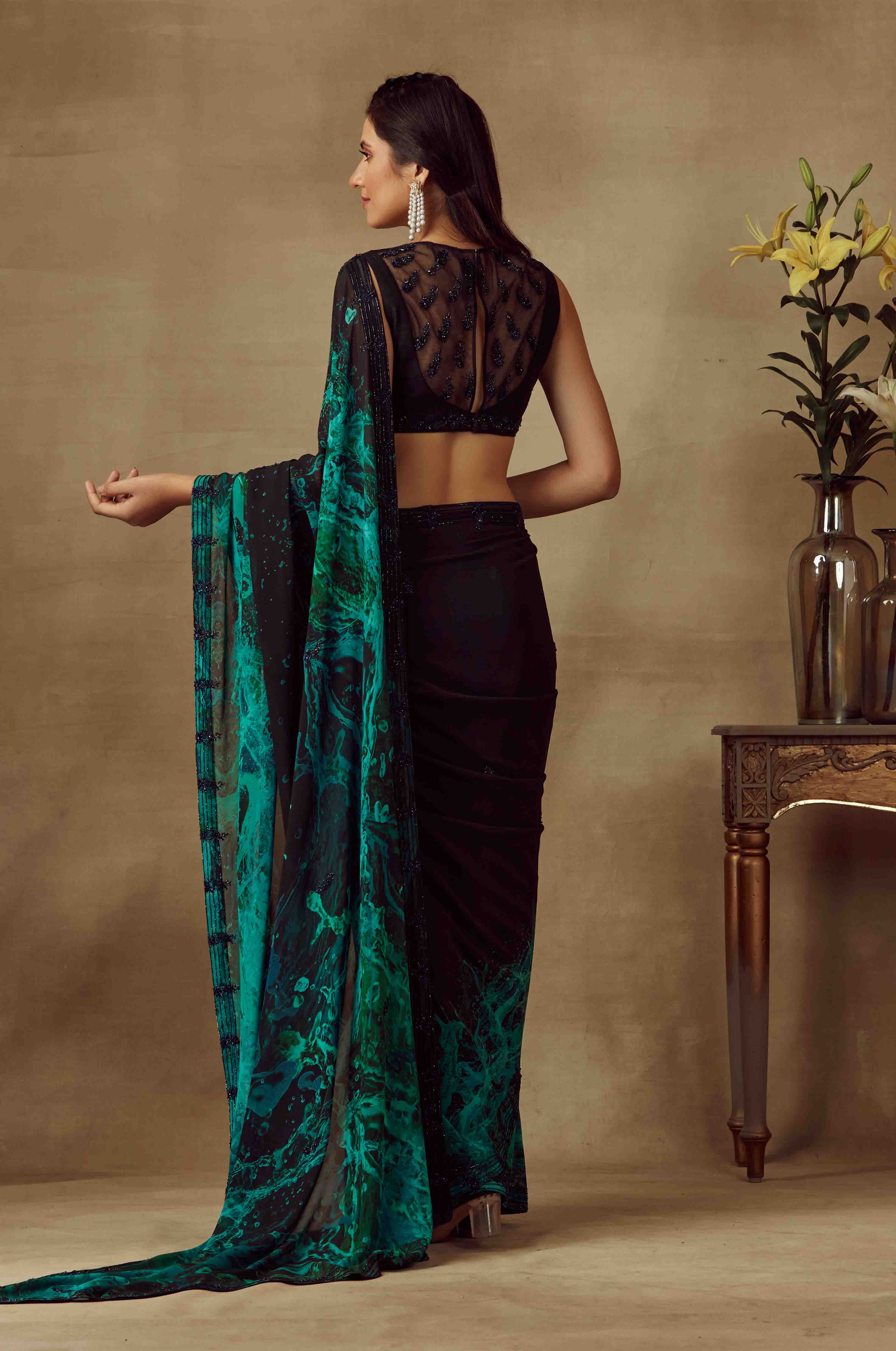 Printed Saree With High Neck Blouse