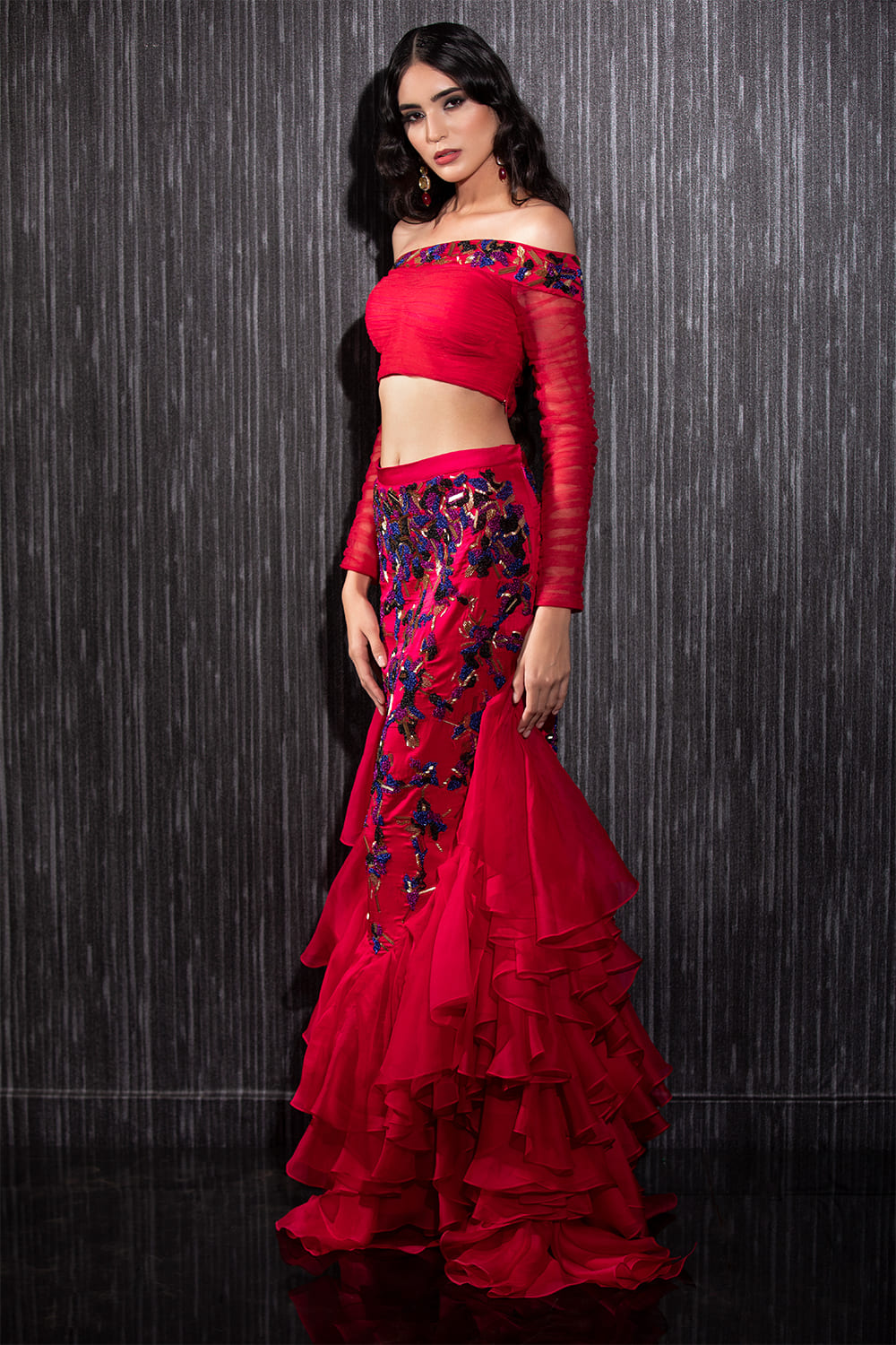 Red Silk Organza Drape Saree Set
