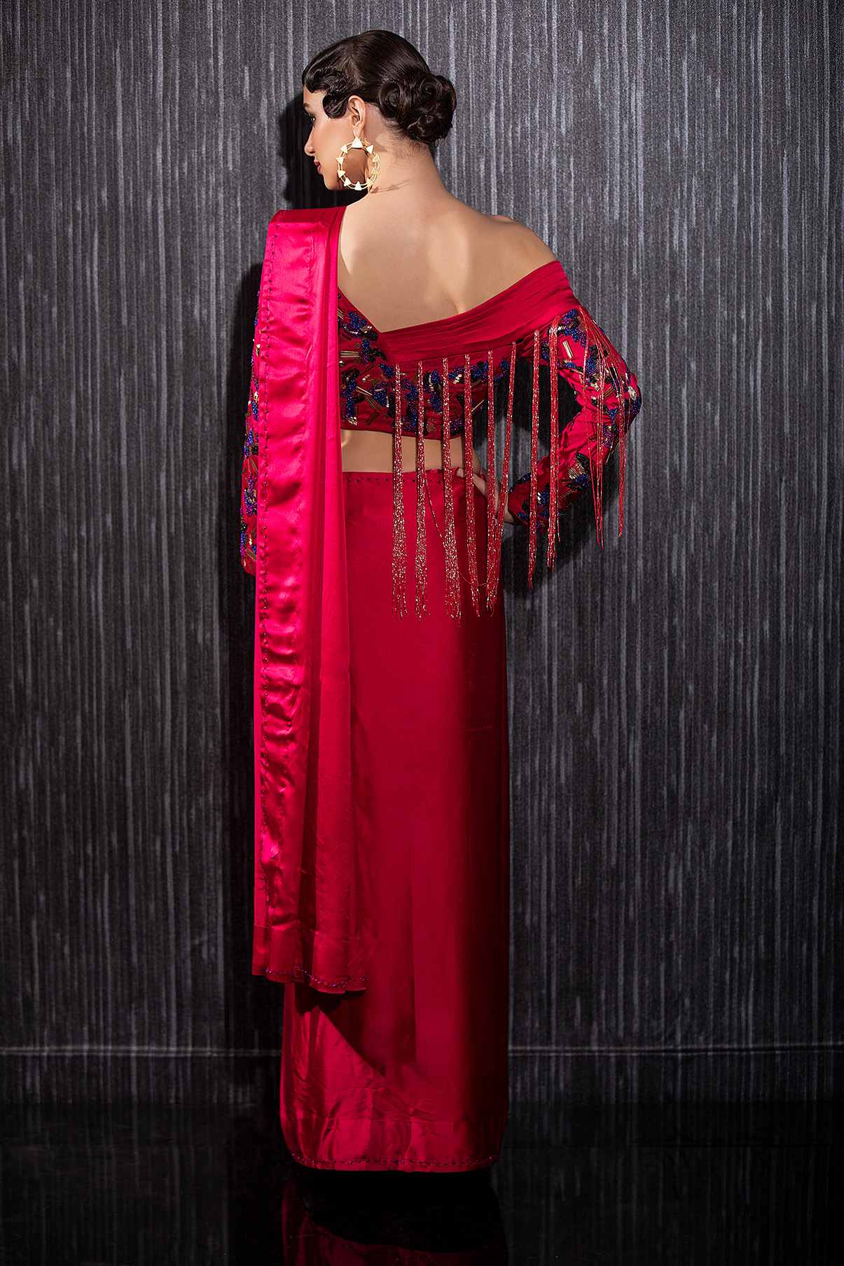 Fuchsia Satin Silk Drape Saree Set