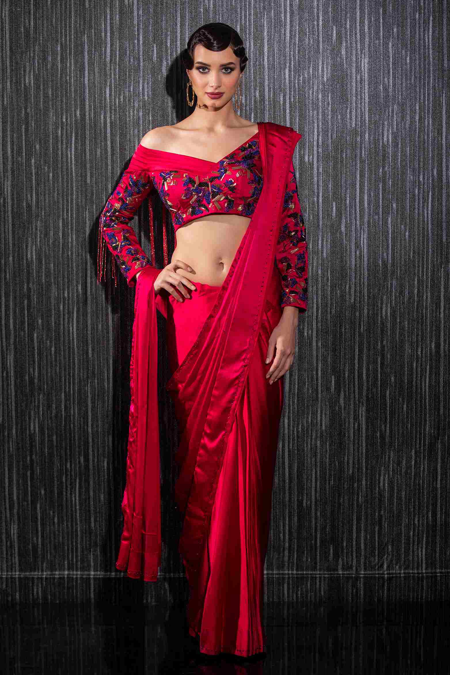 Fuchsia Satin Silk Drape Saree Set