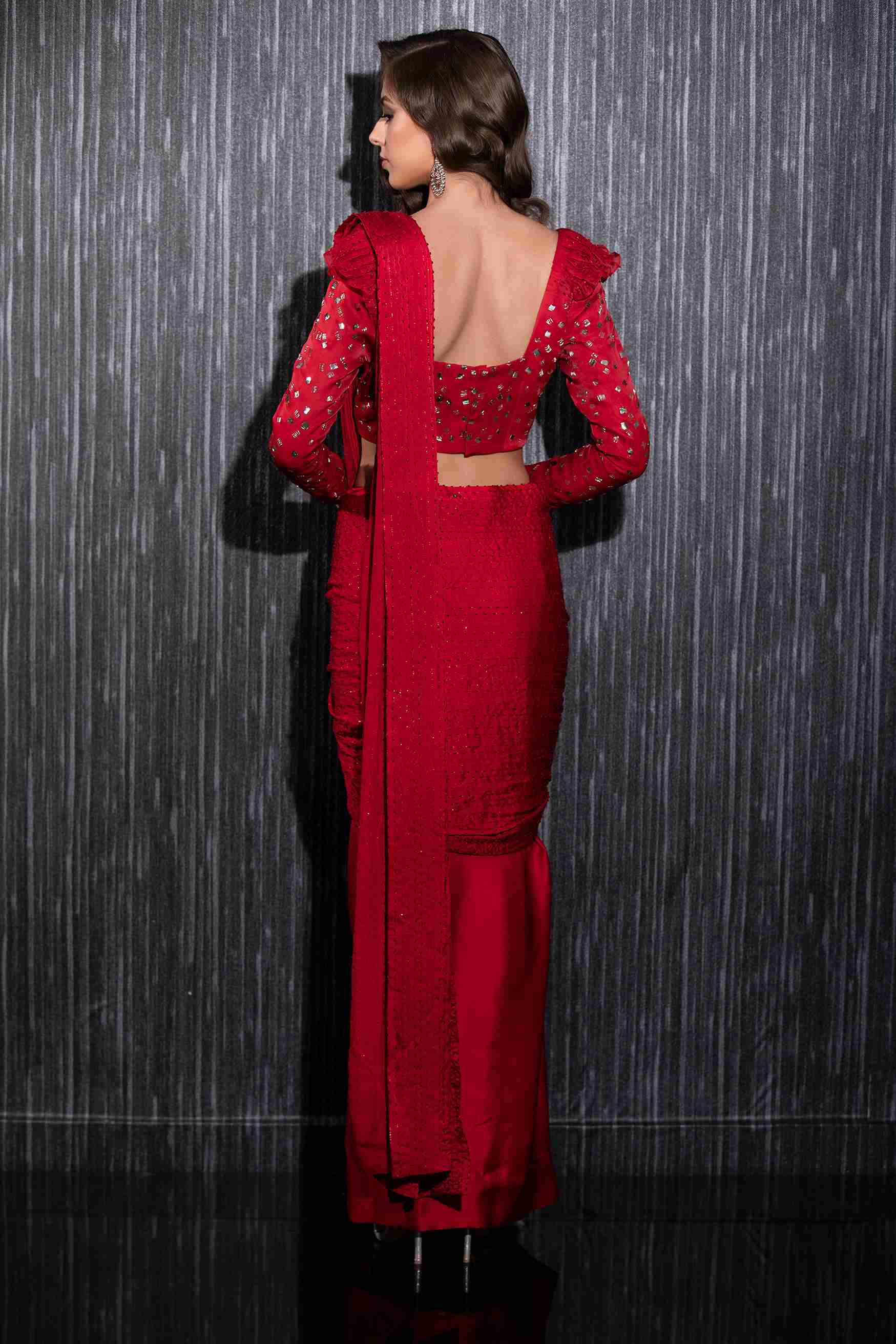 Red Silk Saree With Full Sleeves Blouse