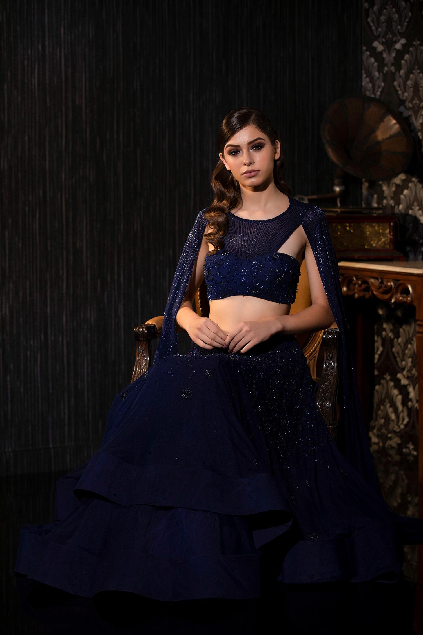 Net Lehenga With Cape Sleeves Full Embroidered