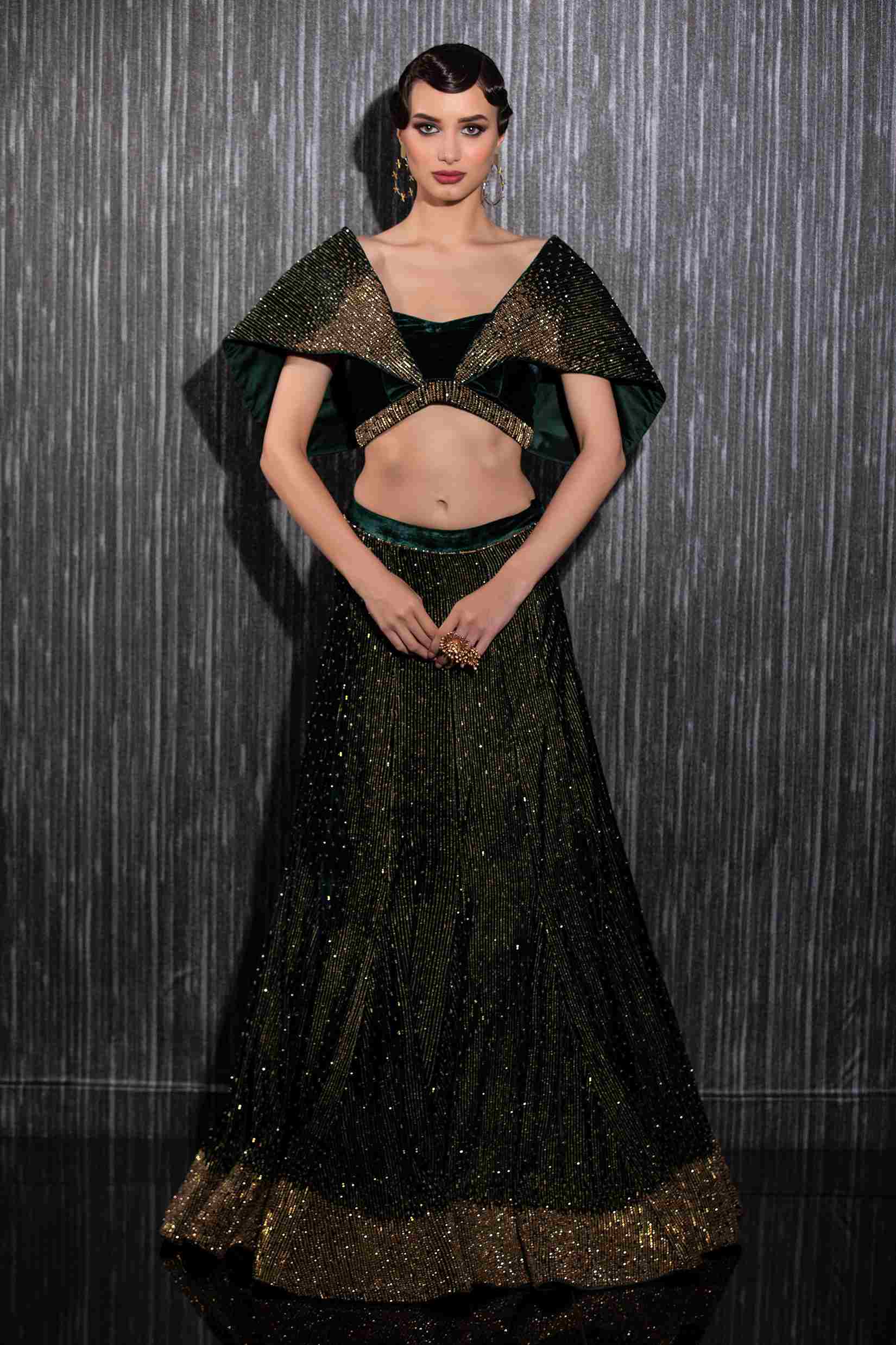 Silk Velvet Lehenga With Cage Sleeves