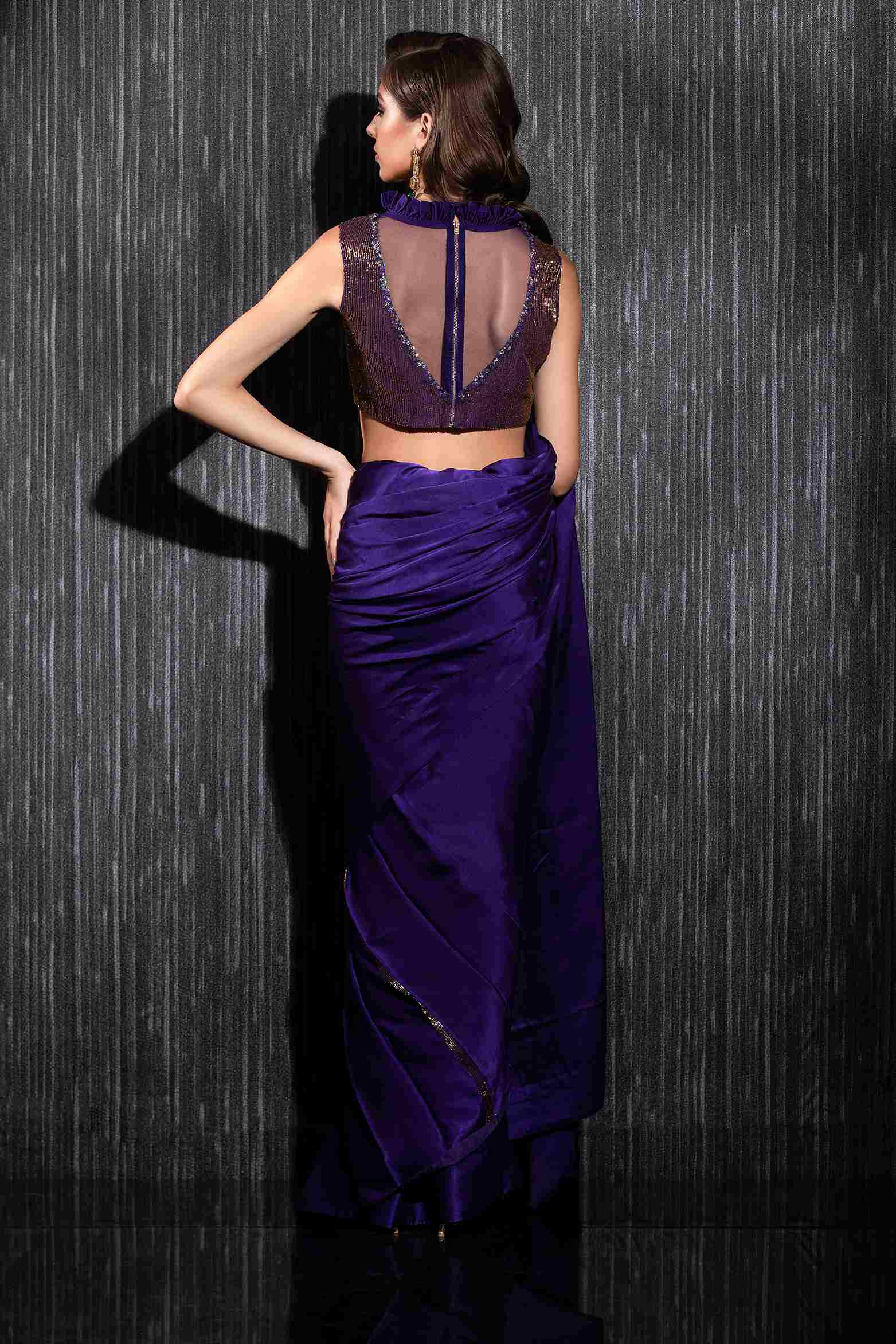 Midnight Blue Raw Silk Drape Saree Set