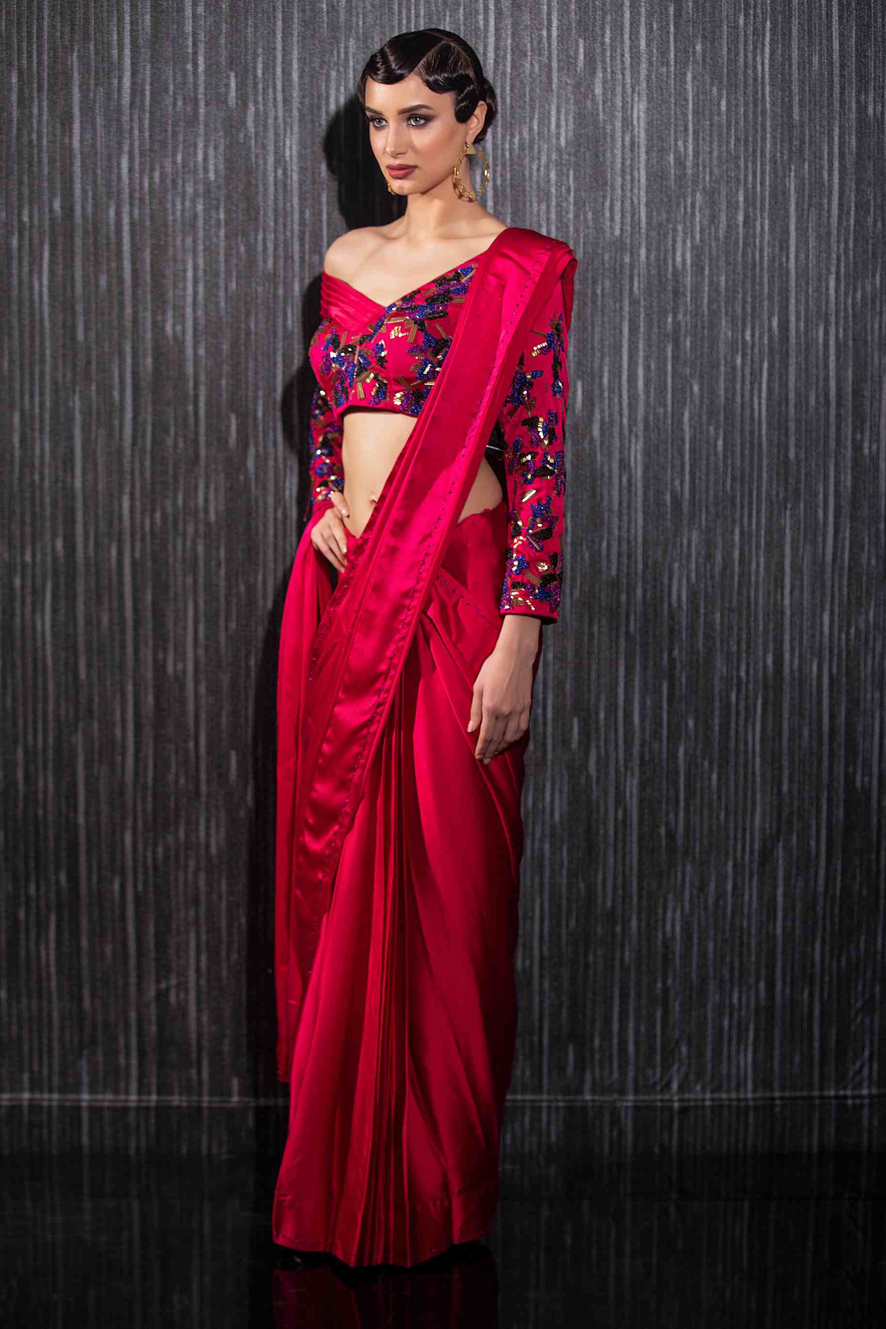 Fuchsia Satin Silk Drape Saree Set