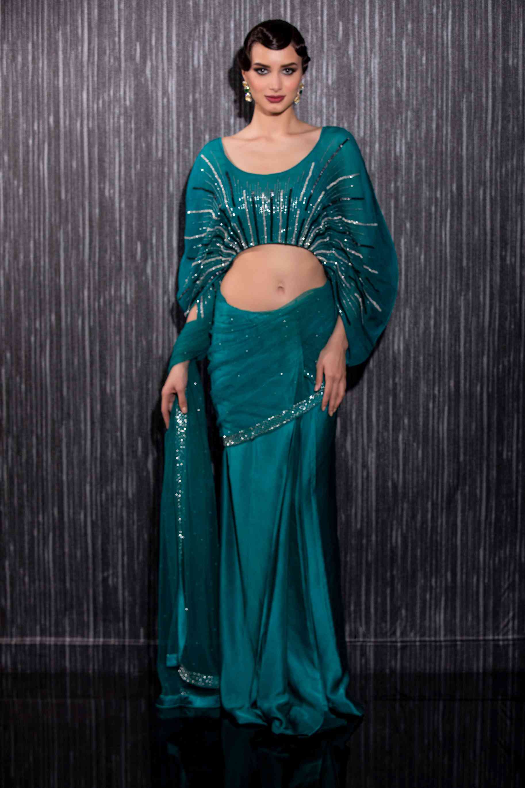 Hand Embroidered Saree With Kimono Sleeves Blouse