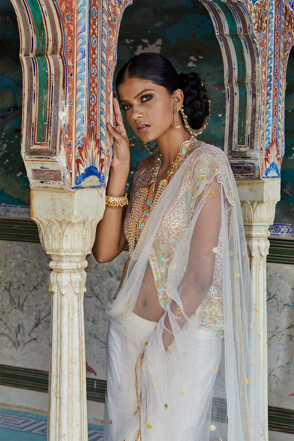 Off White Net Jacket Saree Set