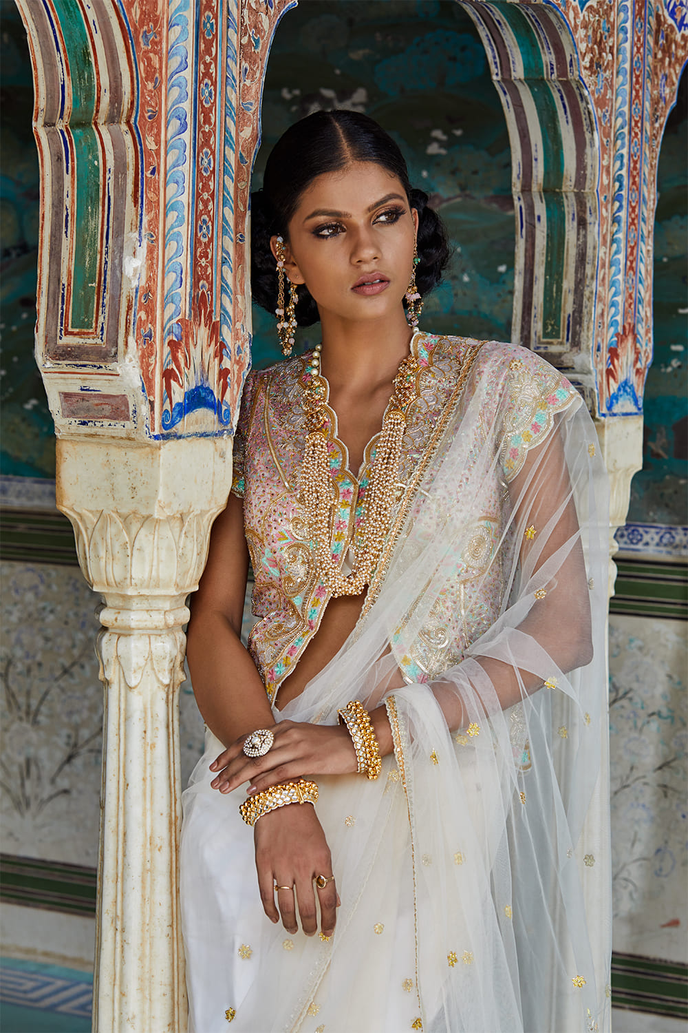 Off White Net Jacket Saree Set