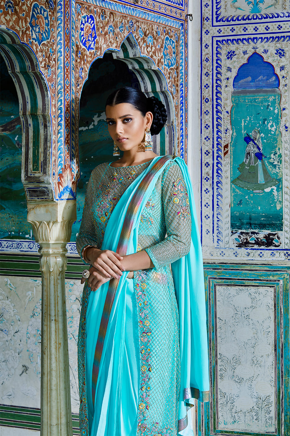 Sea Green Net Jacket Saree Set