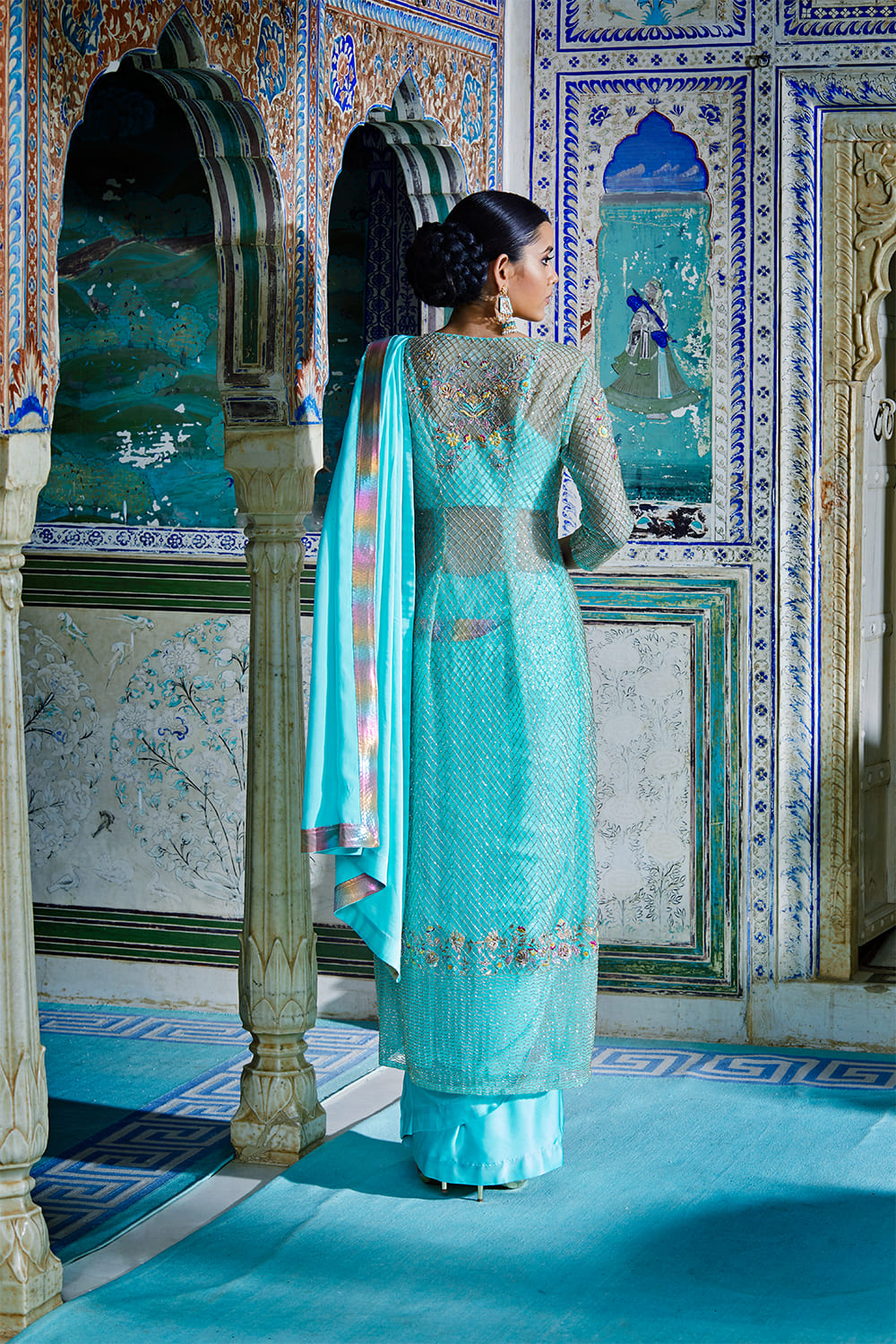 Sea Green Net Jacket Saree Set
