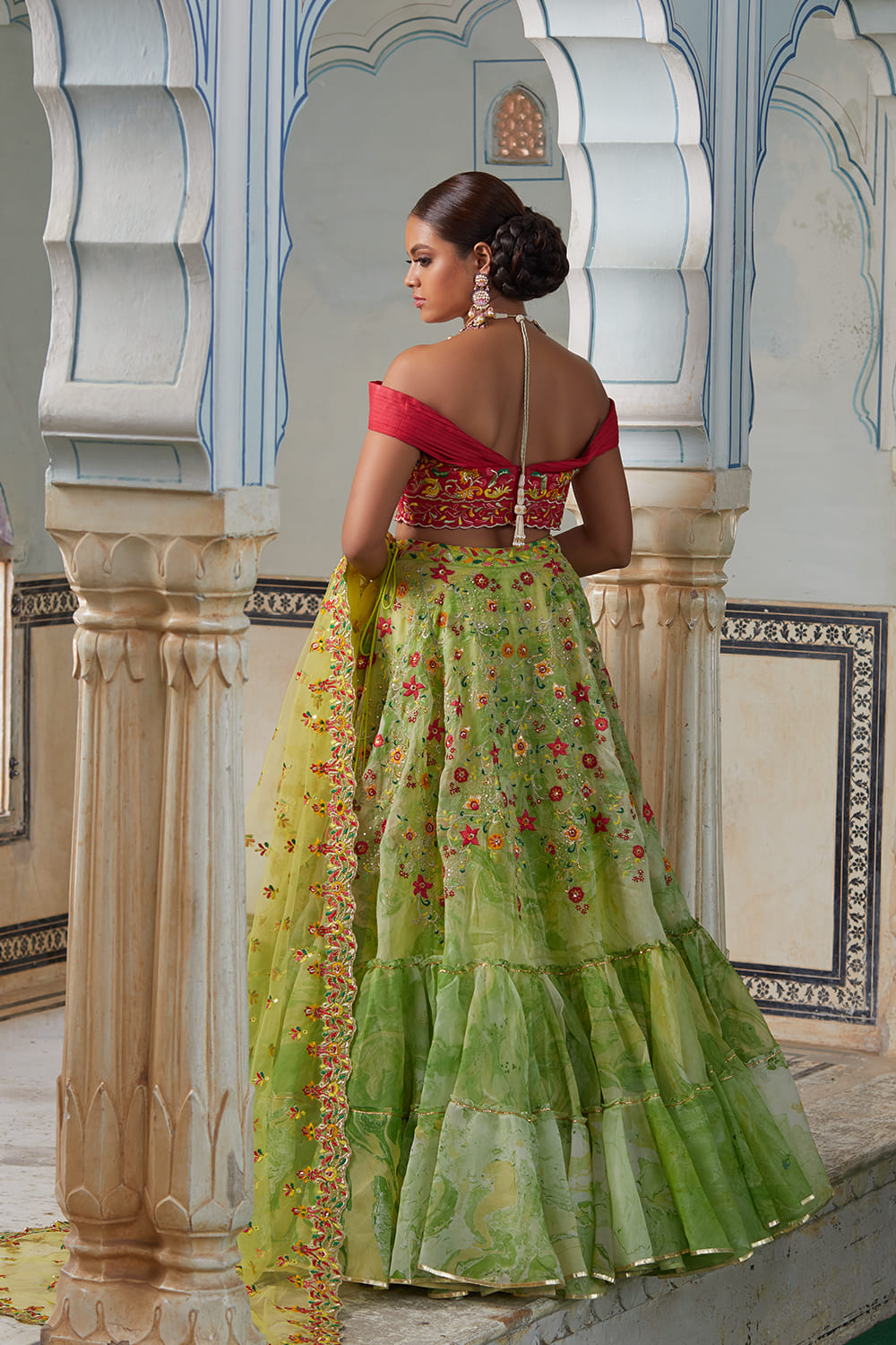 Multi Colour Embroidery Silk Organza Handpainted Lehenga Set
