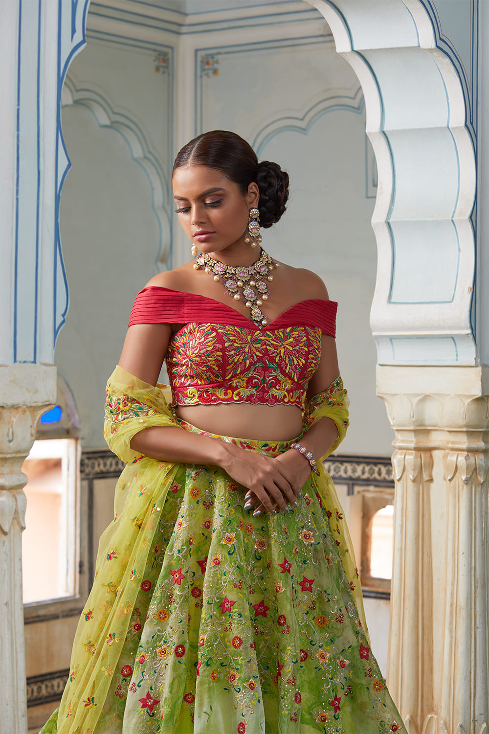 Multi Colour Embroidery Silk Organza Handpainted Lehenga Set