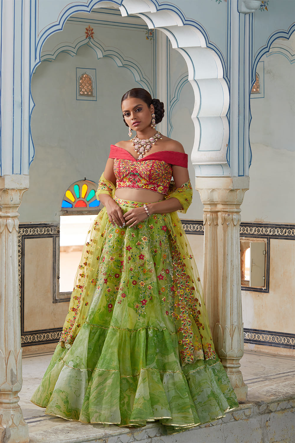 Multi Colour Embroidery Silk Organza Handpainted Lehenga Set