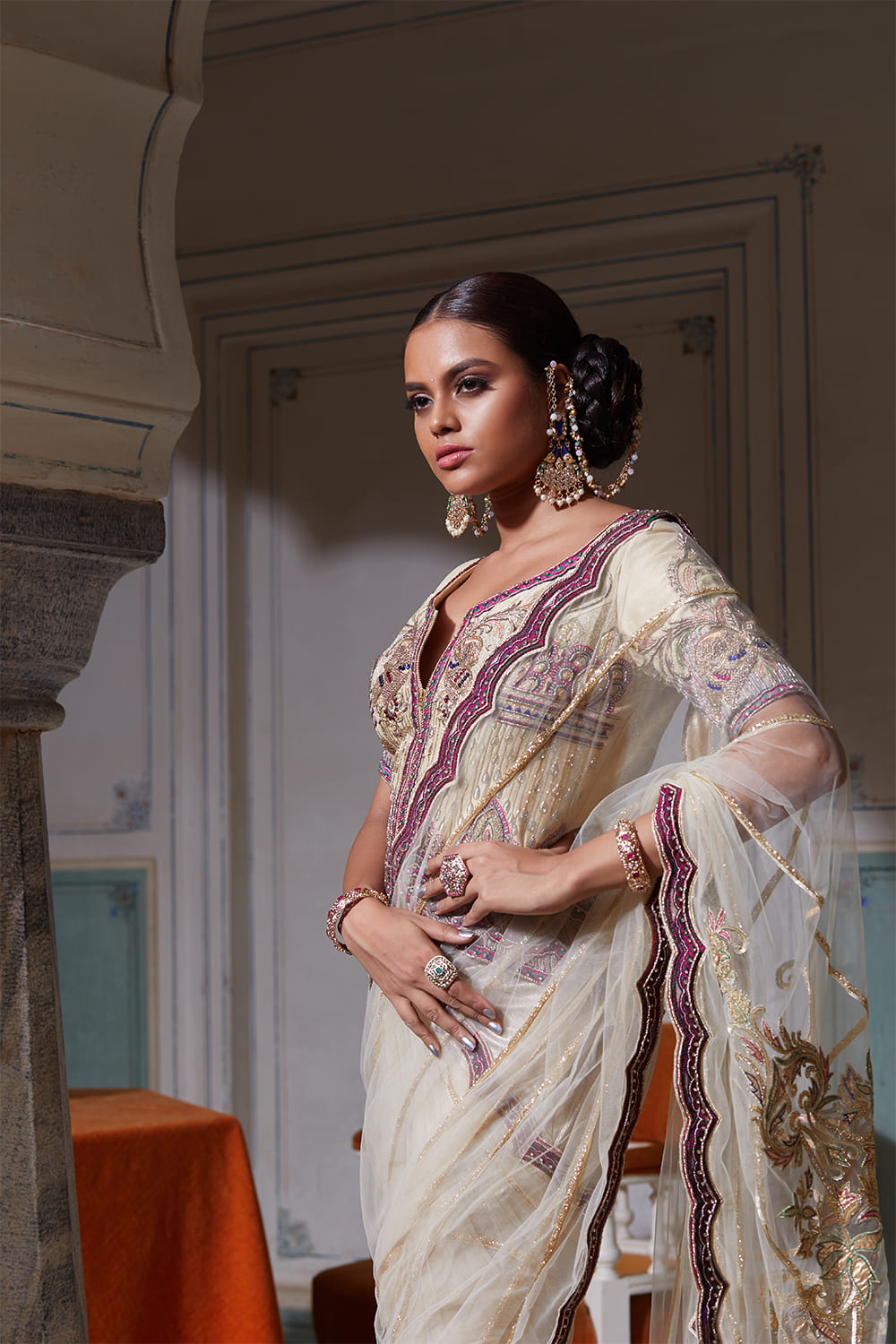 Off White Net Jacket Saree Set