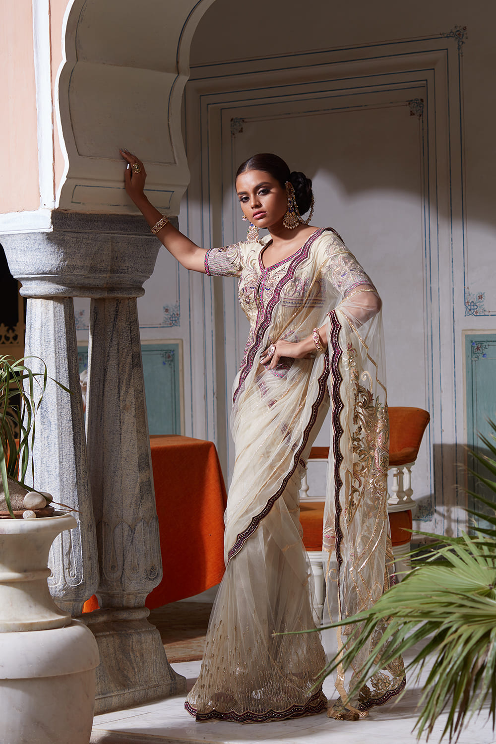 Off White Net Jacket Saree Set