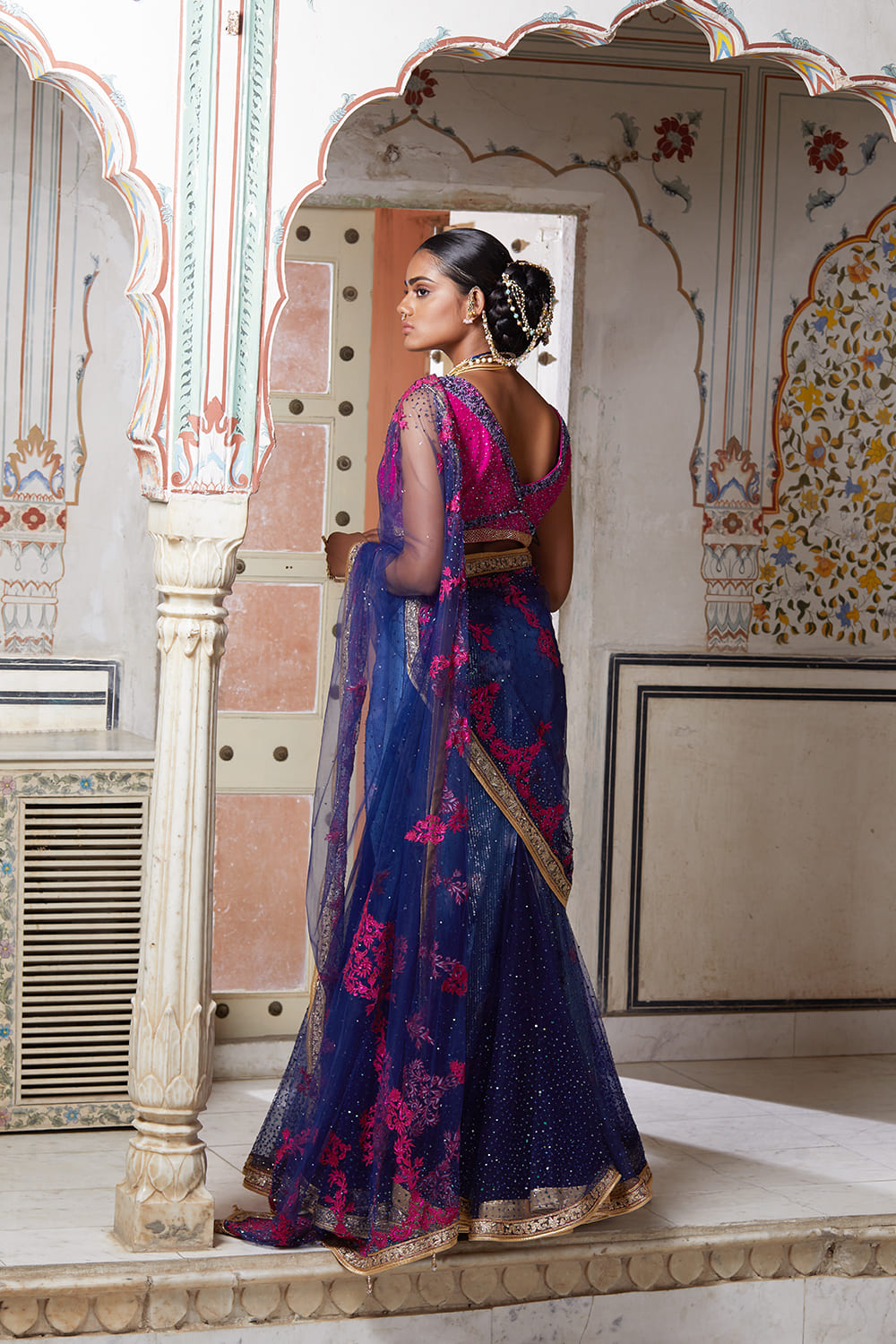 Midnight Blue Net Drape Saree Set