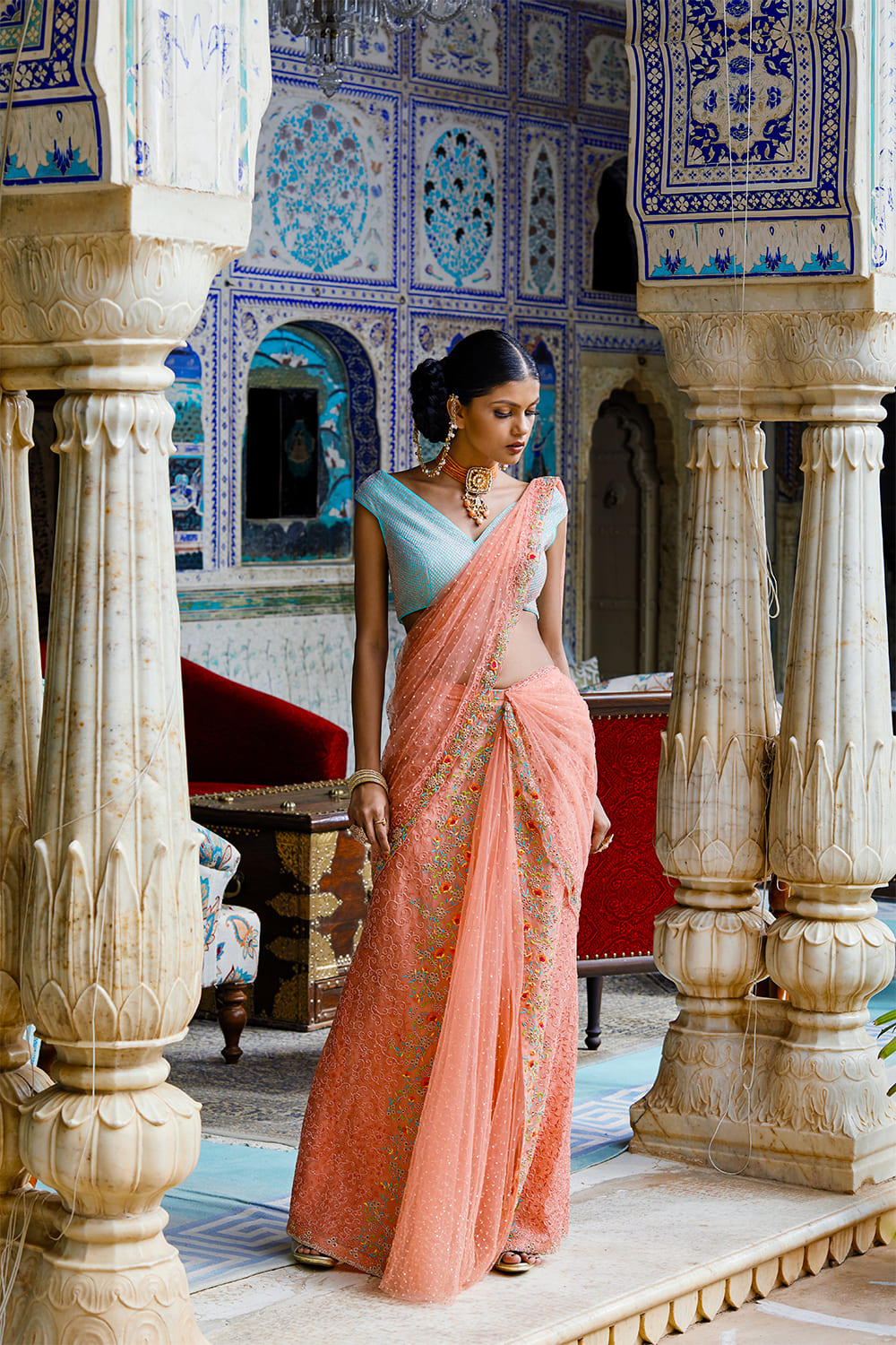 Peach Net Drape Saree Set