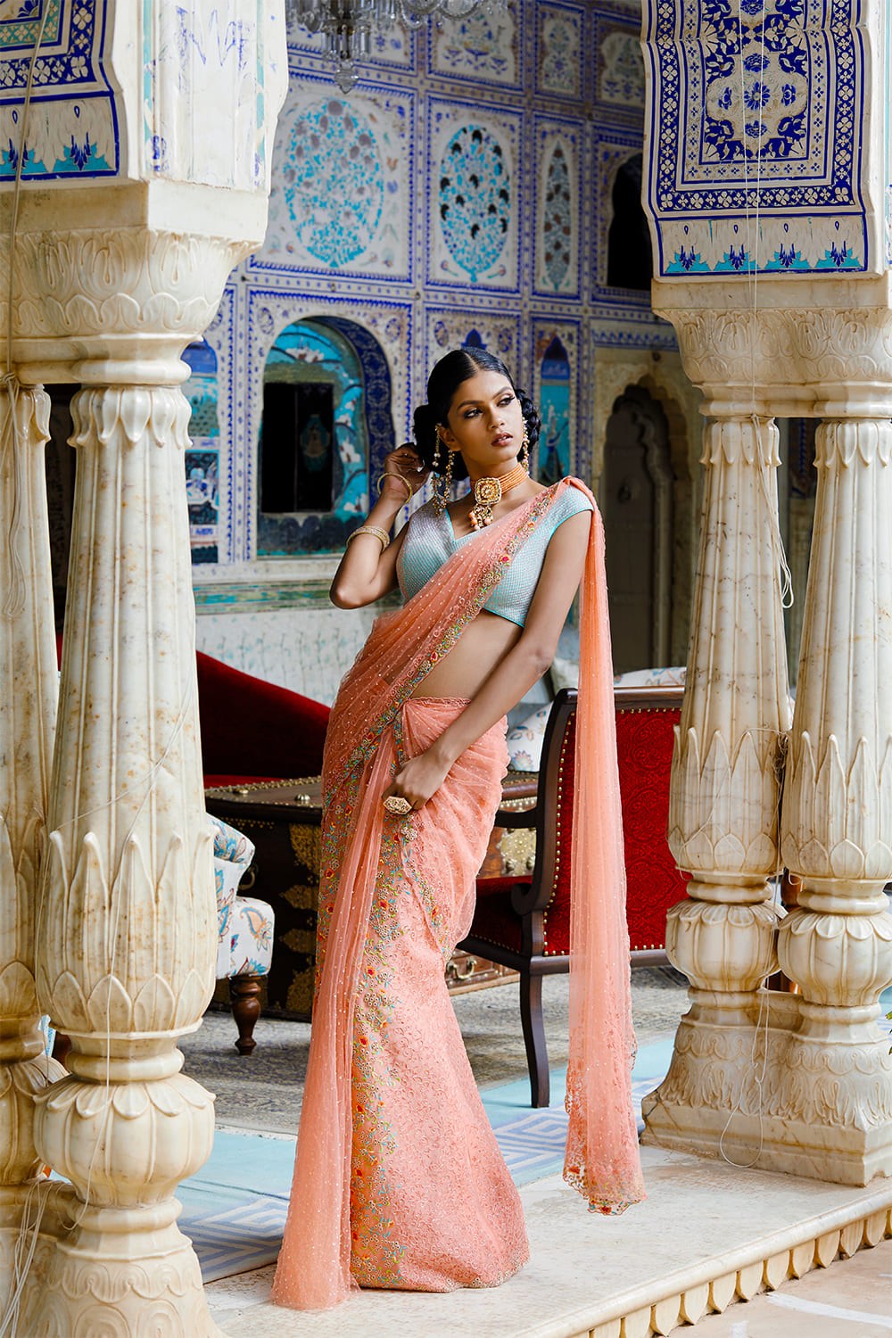 Peach Net Drape Saree Set