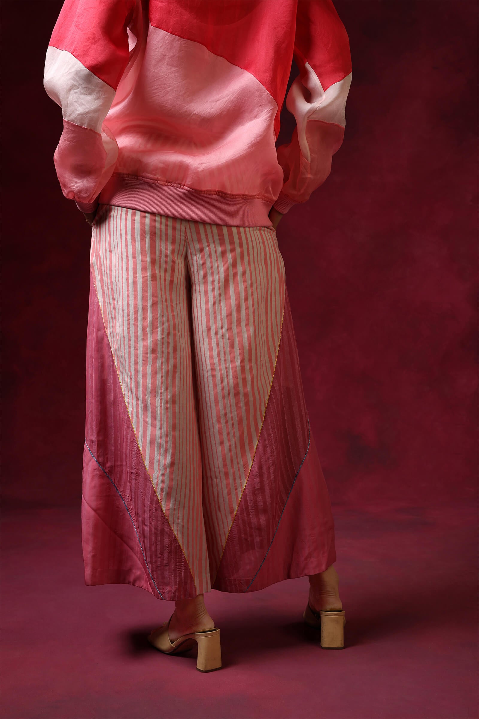 Pink Cotton Silk Block Printed Pants With Kantha