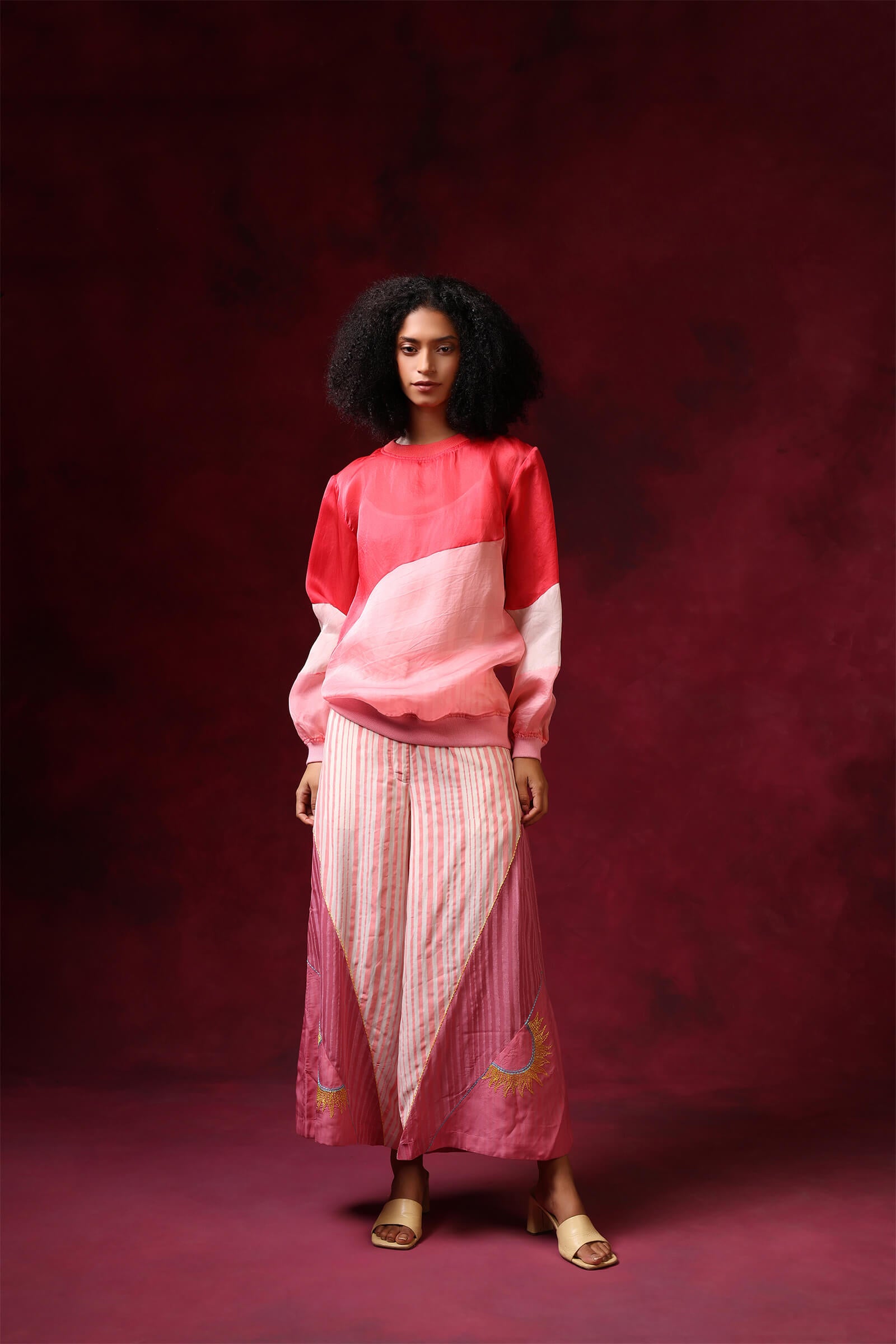 Pink Cotton Silk Block Printed Pants With Kantha