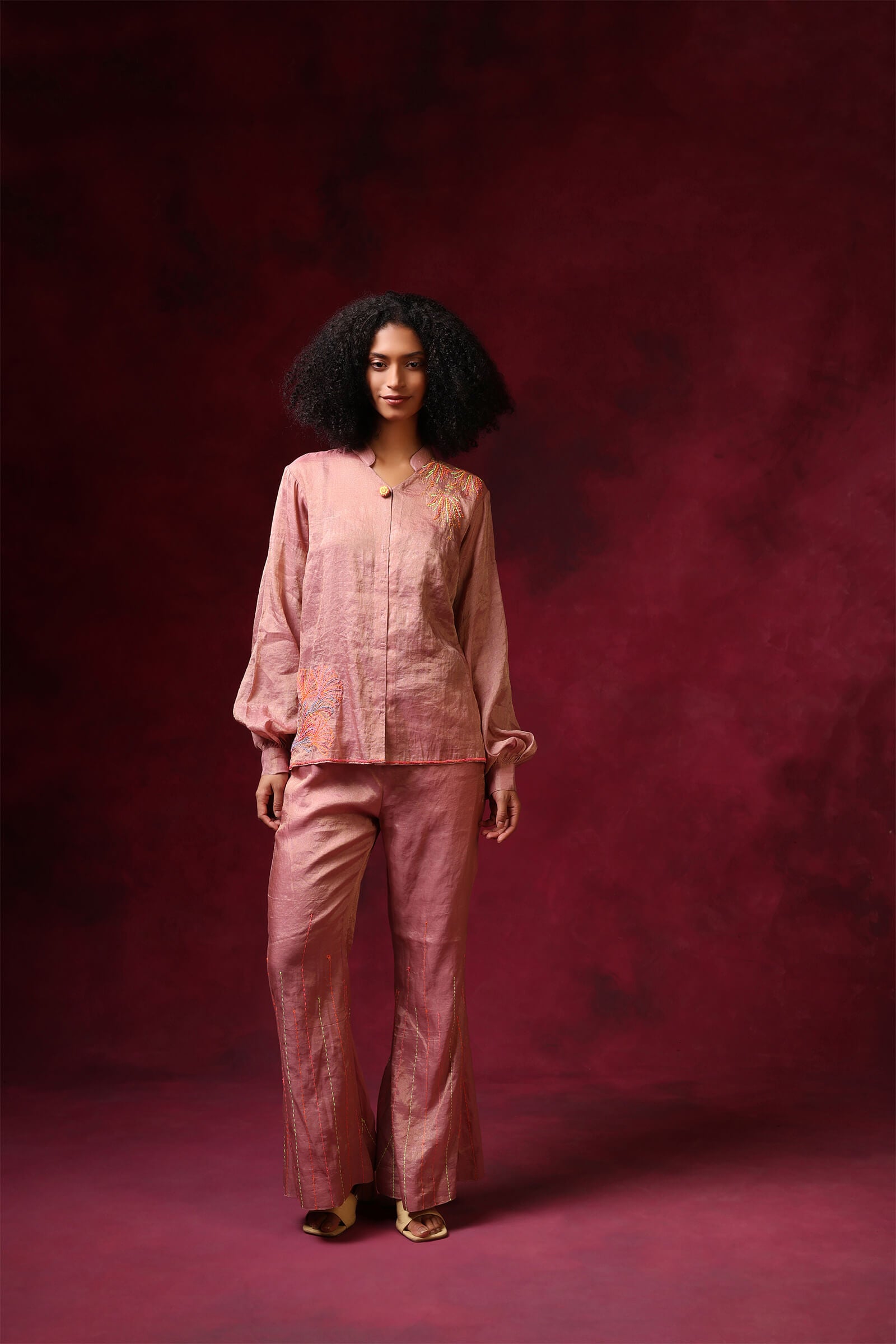 Pink Tissue Zari Co Ord With Kantha