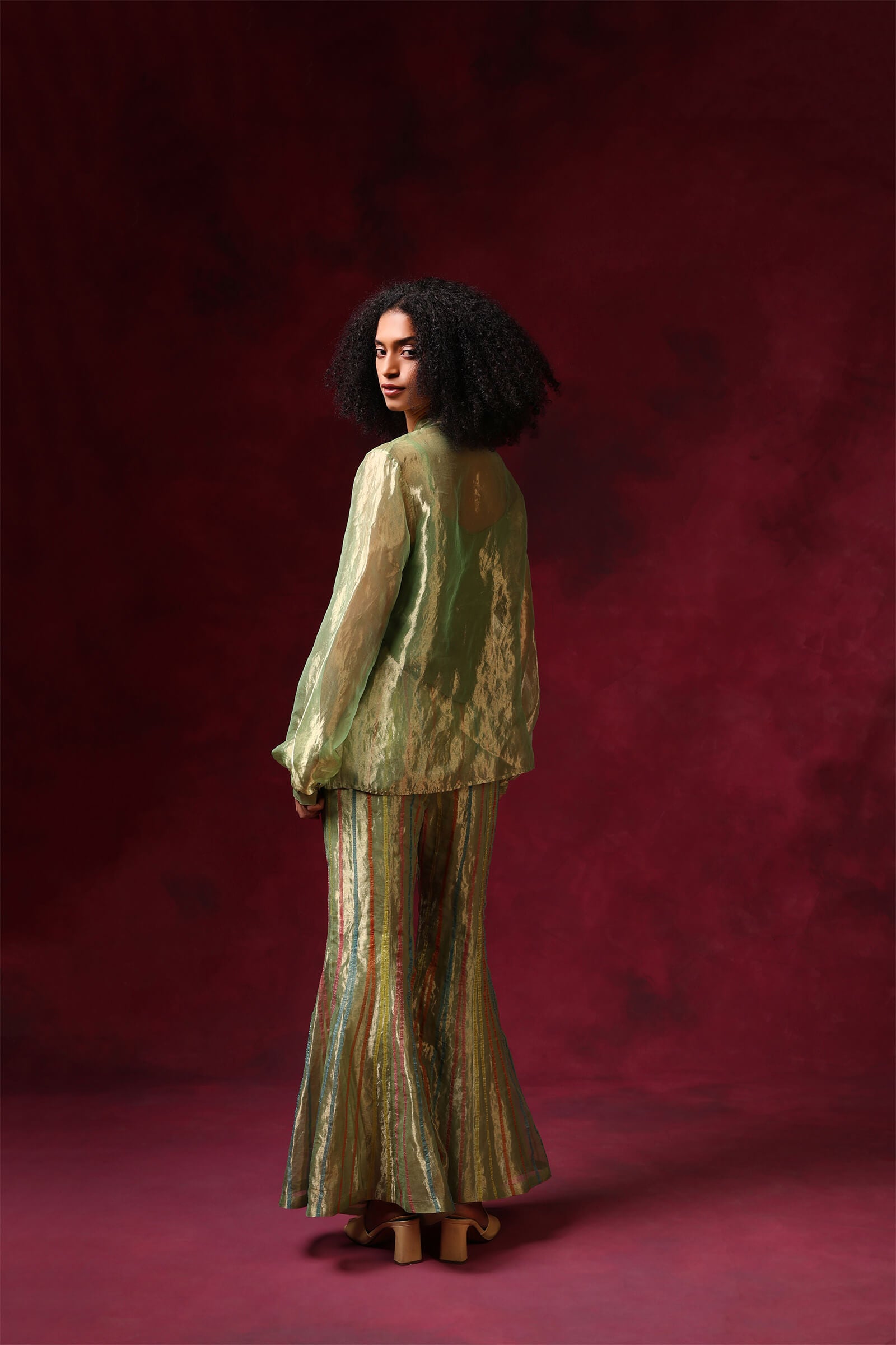 Green Silk Tissue Zari Sharara Co Ord