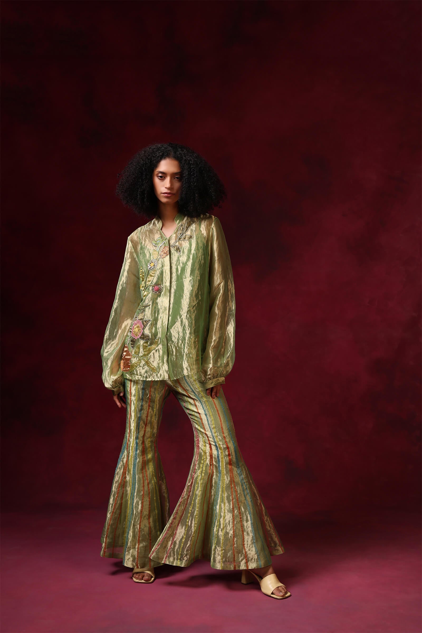 Green Silk Tissue Zari Sharara Co Ord