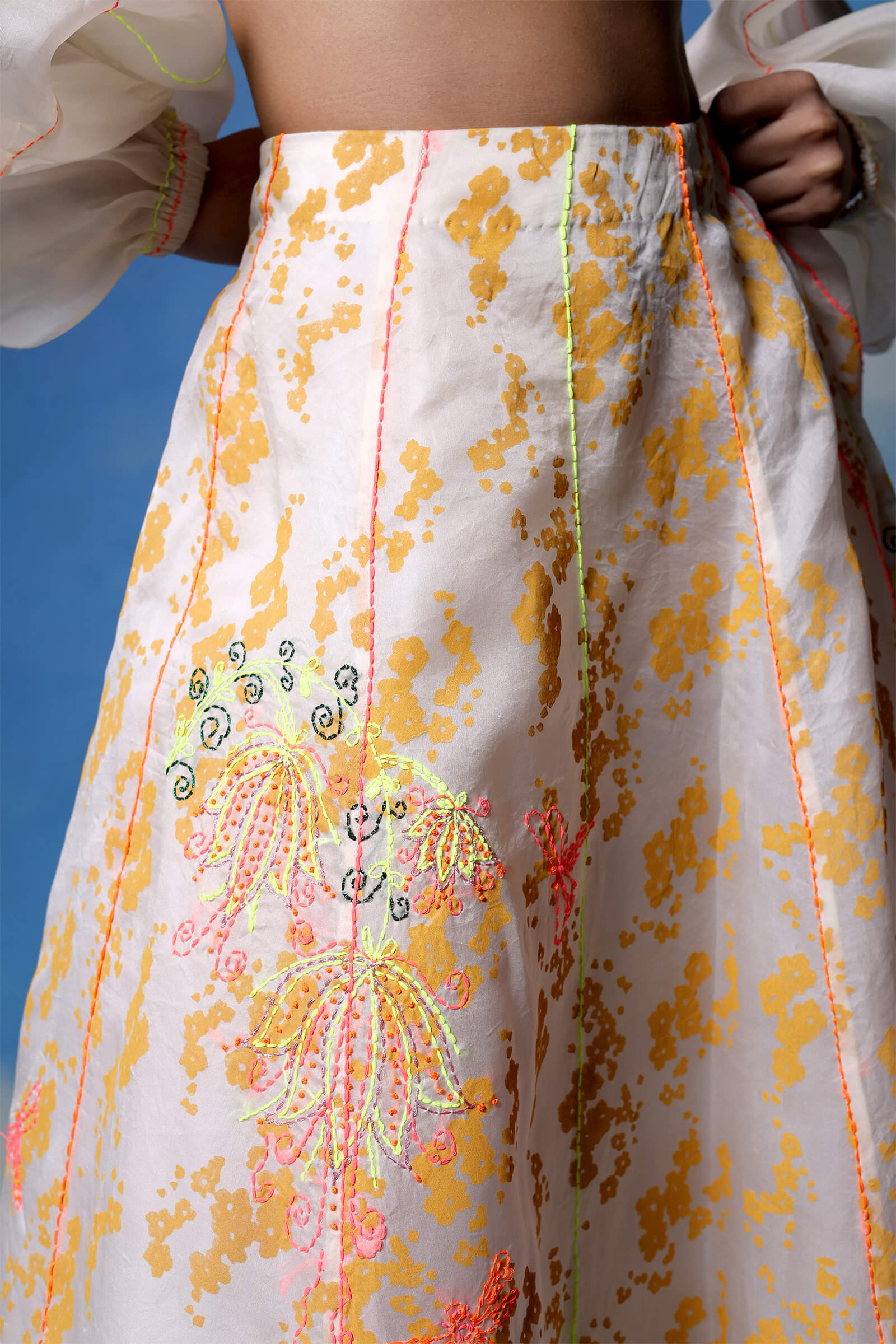 Yellow Block Printed Organza Lehanga