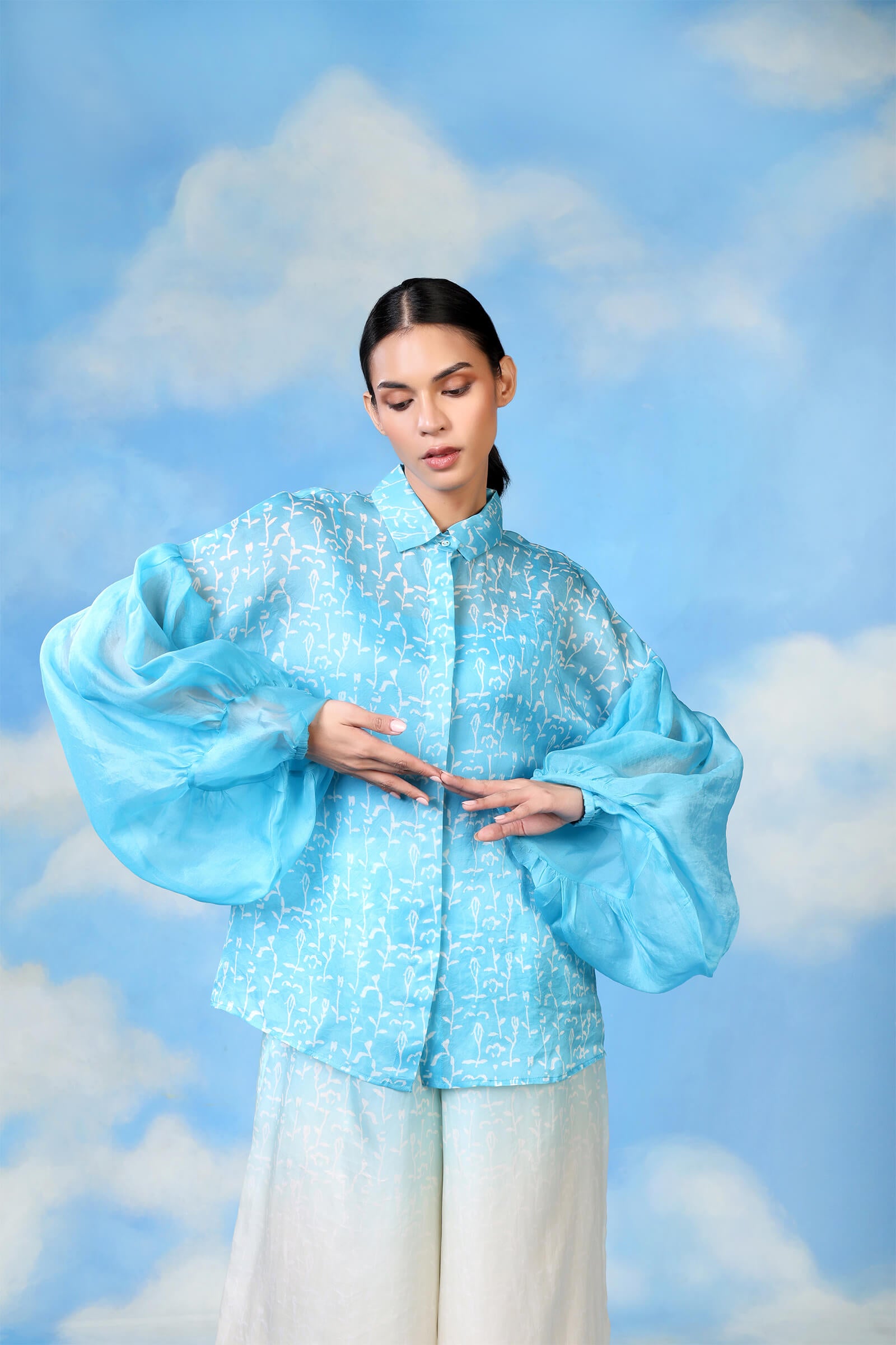 Ivory Blue Block Printed Organza Co Ord