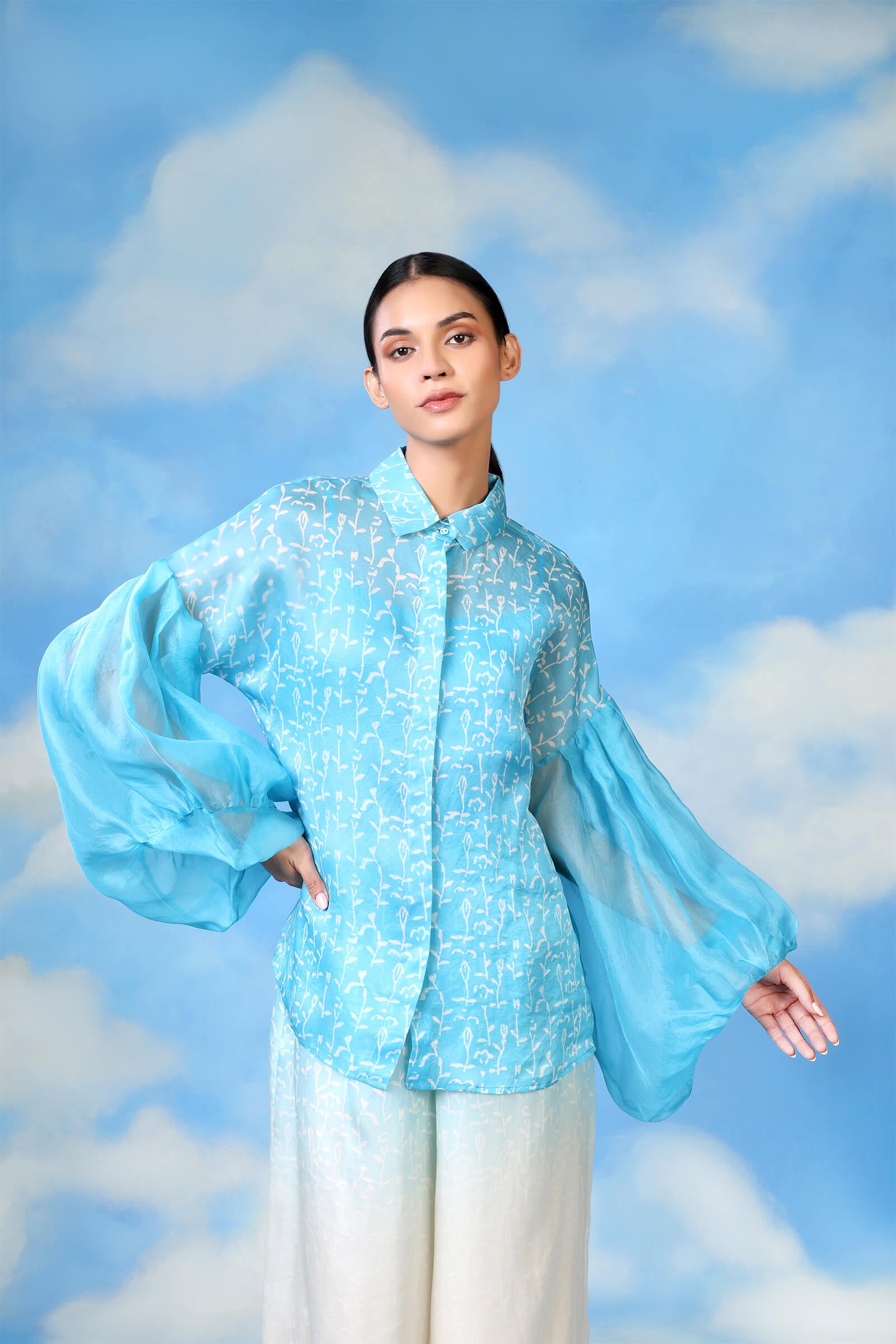 Ivory Blue Block Printed Organza Co Ord