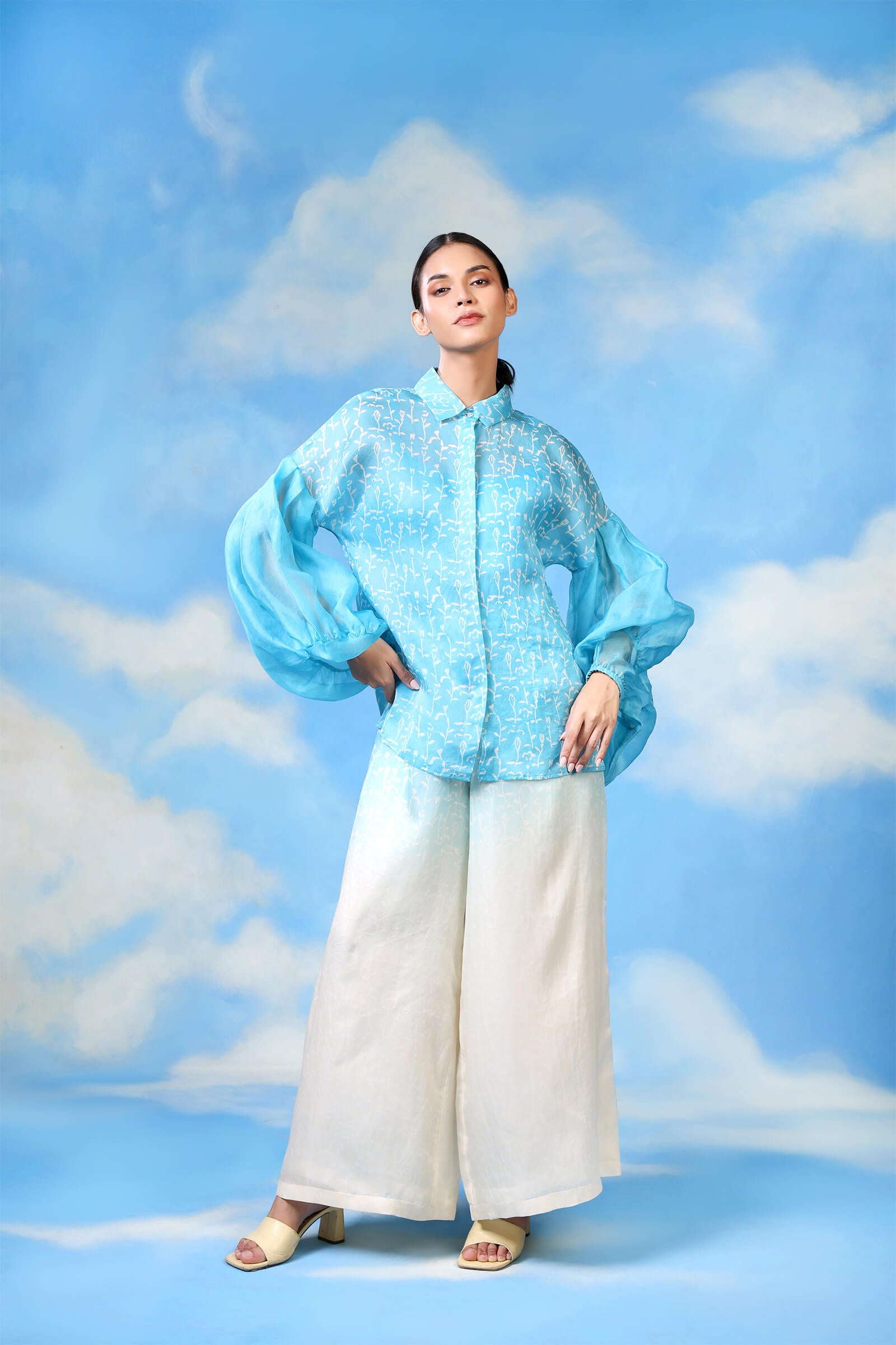 Ivory Blue Block Printed Organza Co Ord