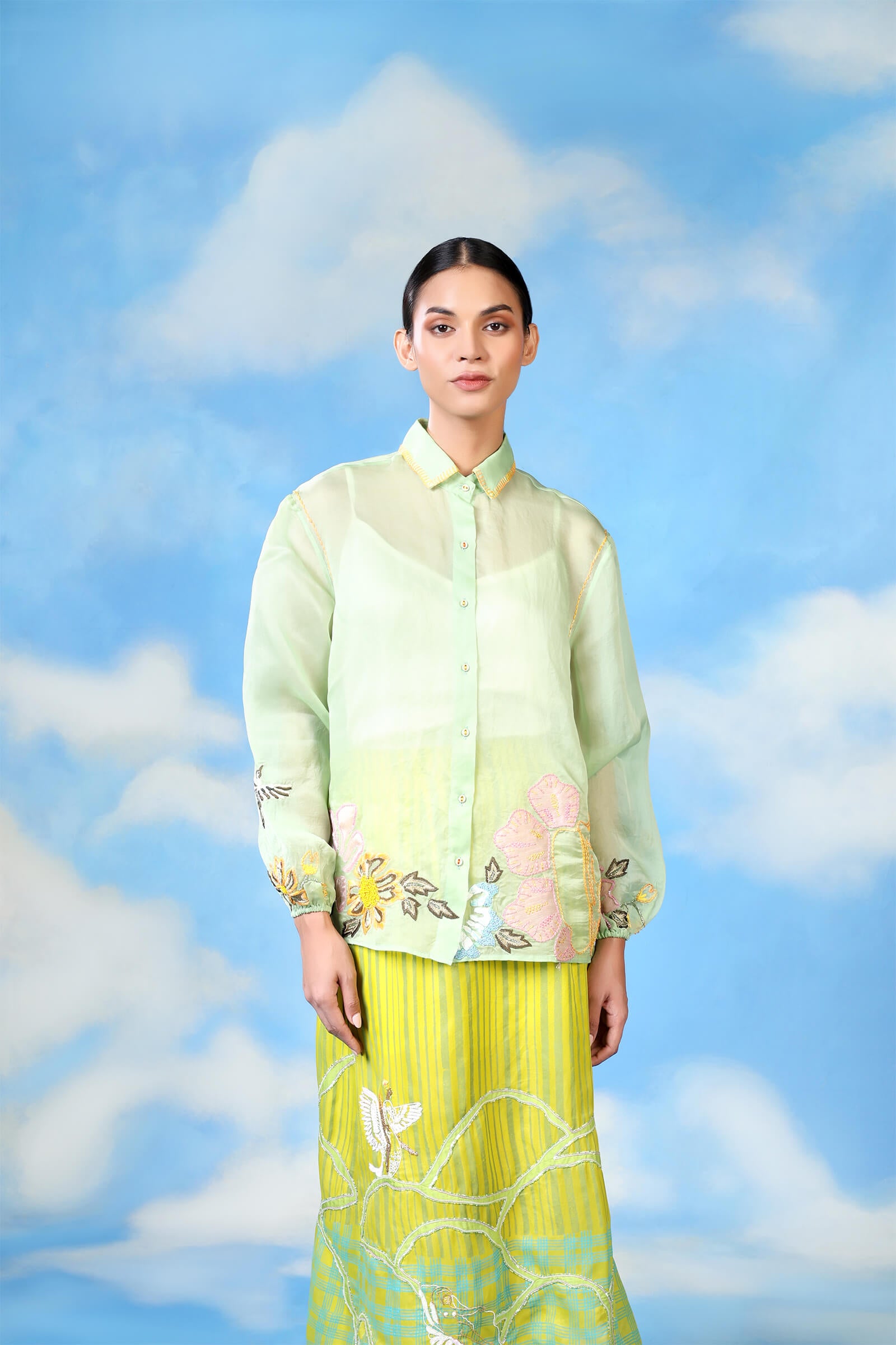 Green Organza Emb Shirt