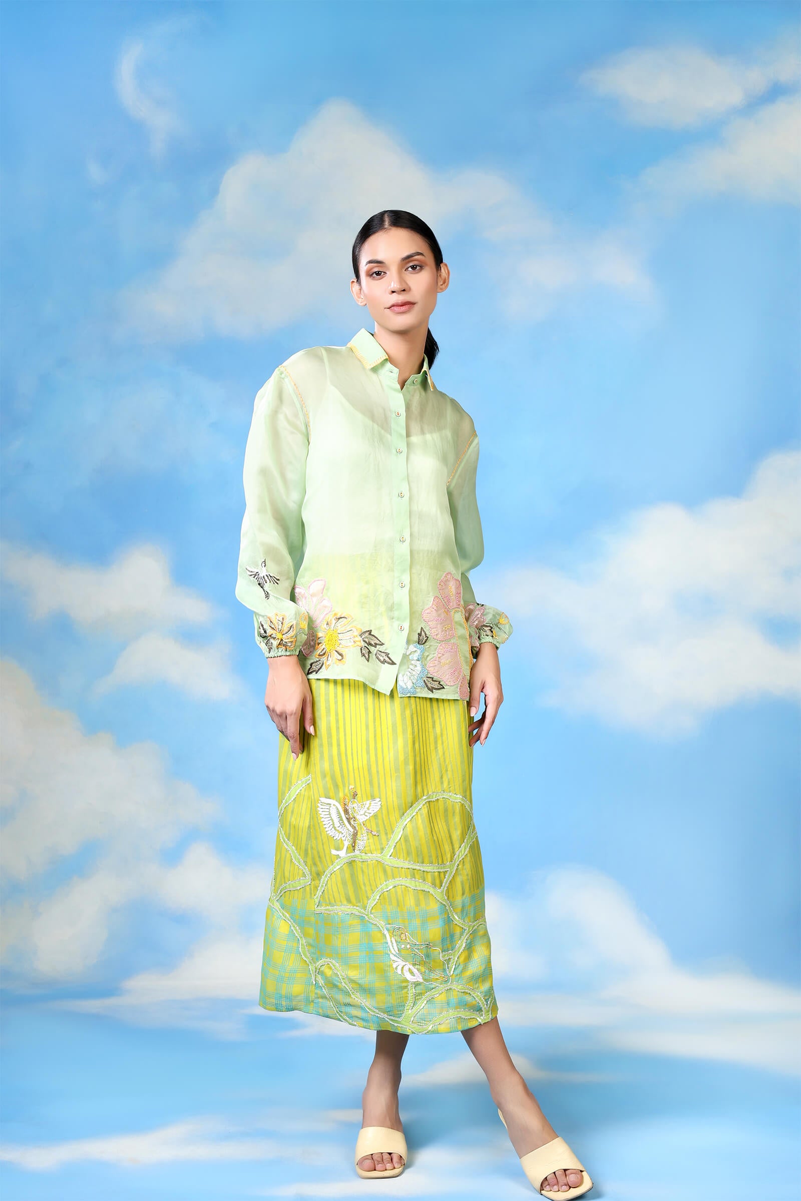 Green Organza Emb Shirt