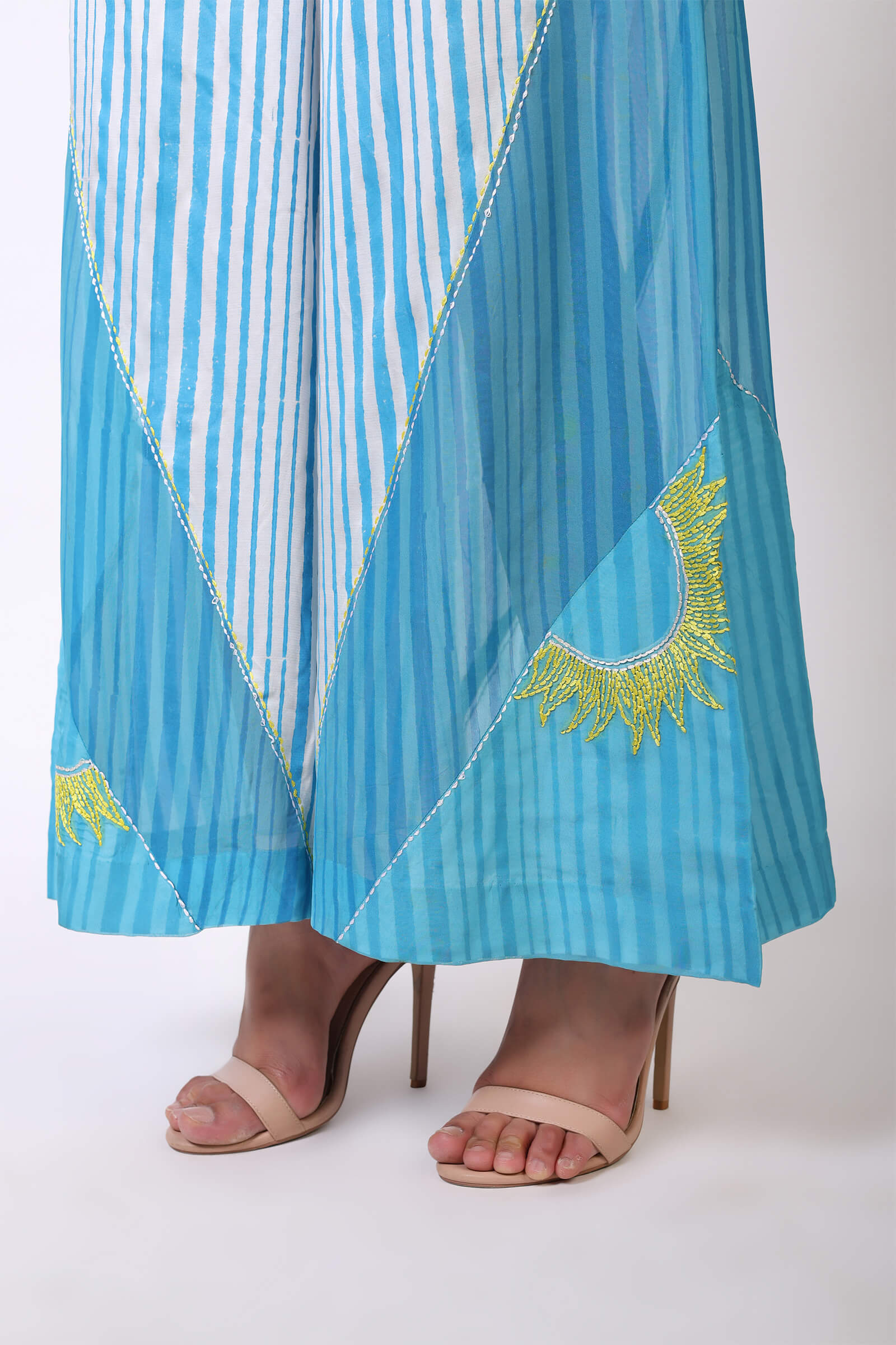 Blue Cotton Silk Block Printed Pants With Kantha