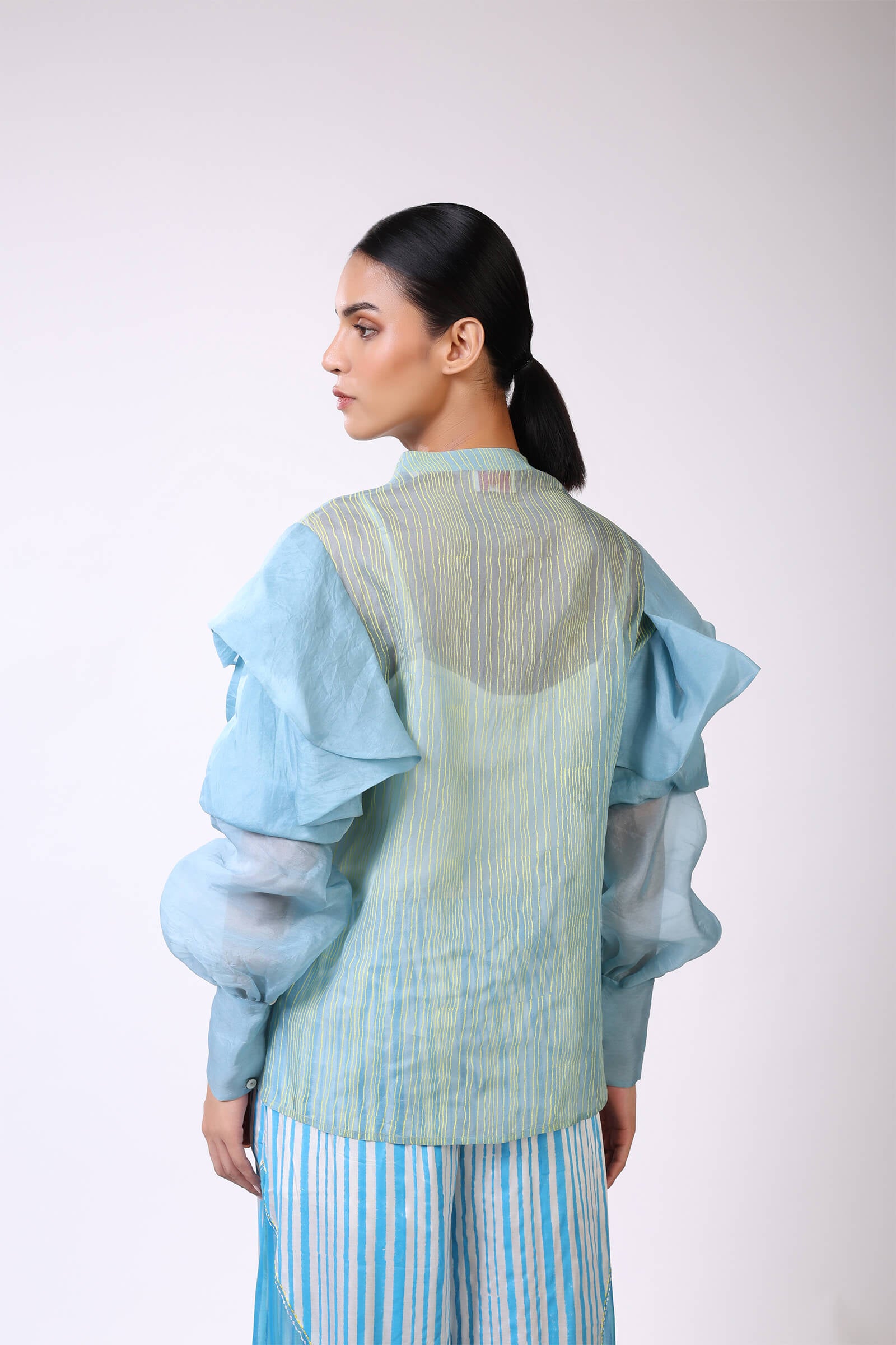 Blue Block Printed Silk Organza Shirt