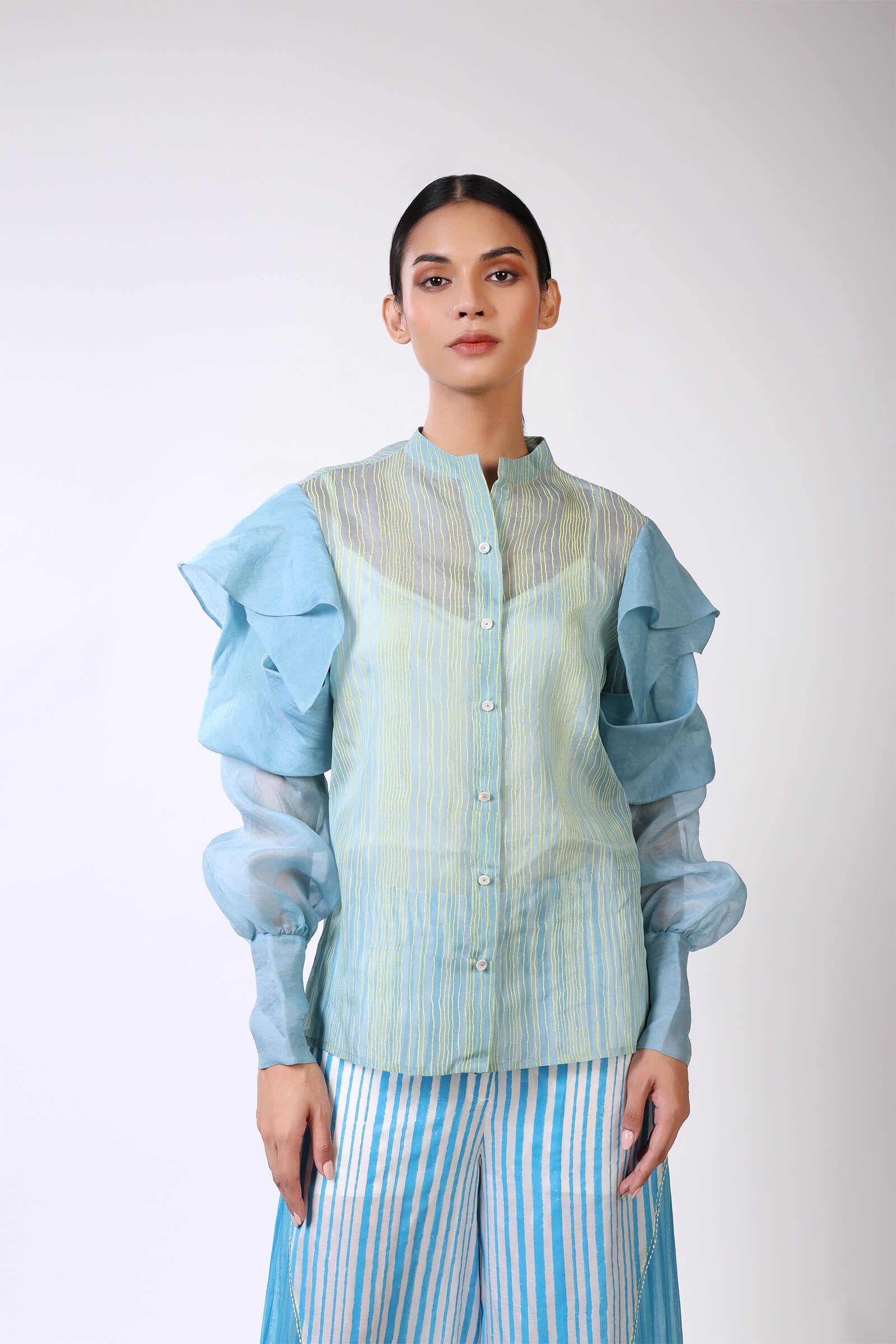 Blue Block Printed Silk Organza Shirt