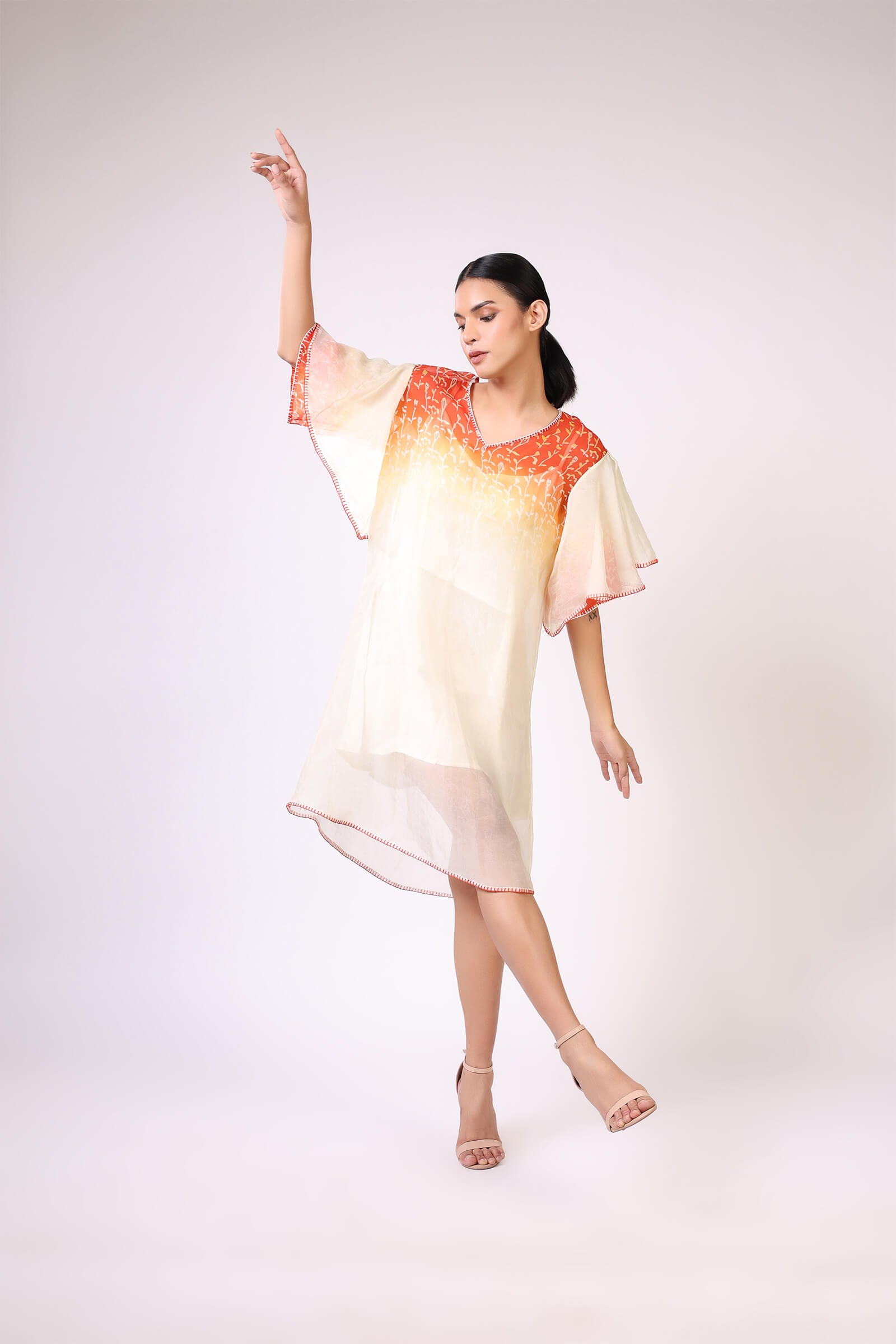 Orange Block Printed Silk Organza Dress