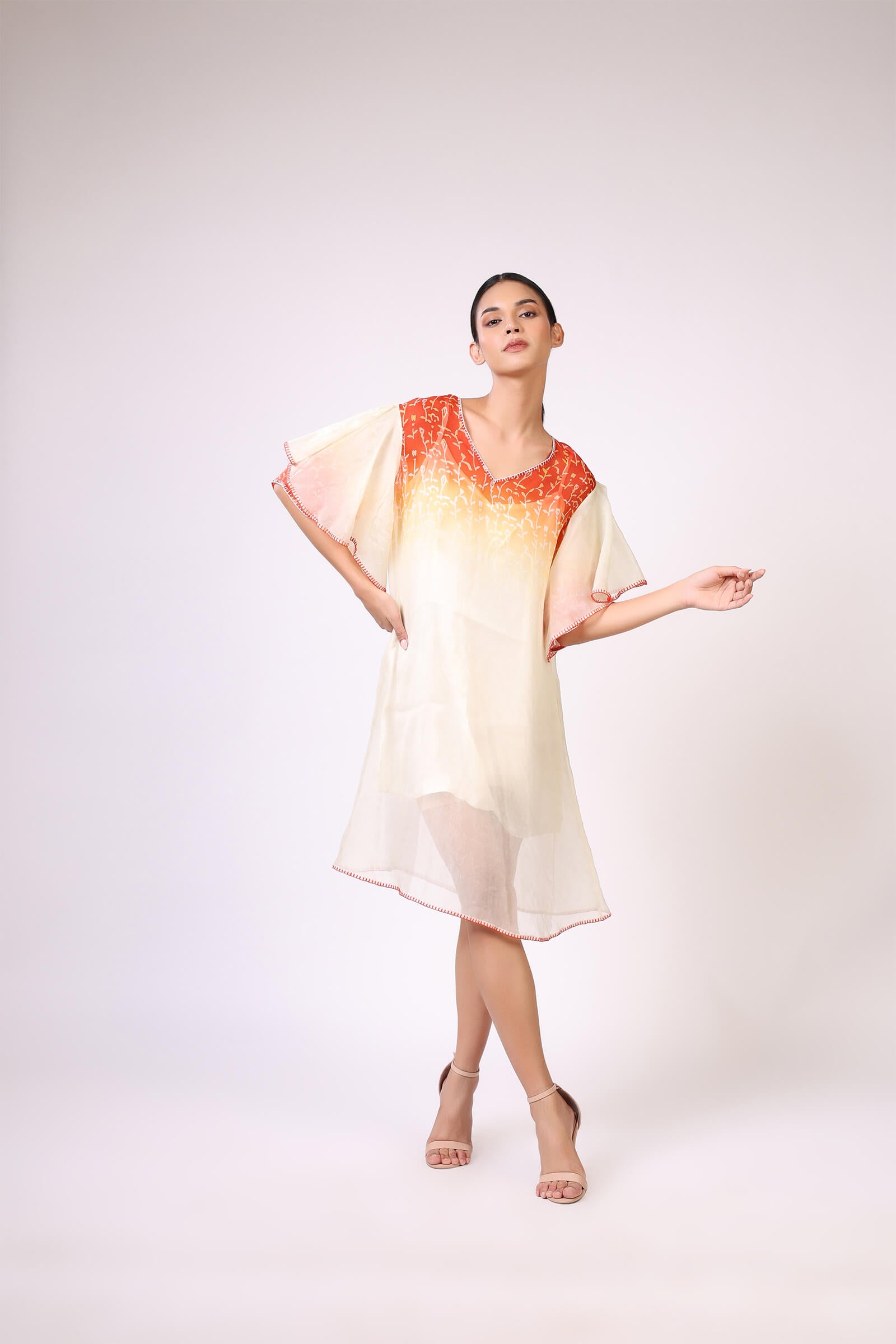 Orange Block Printed Silk Organza Dress