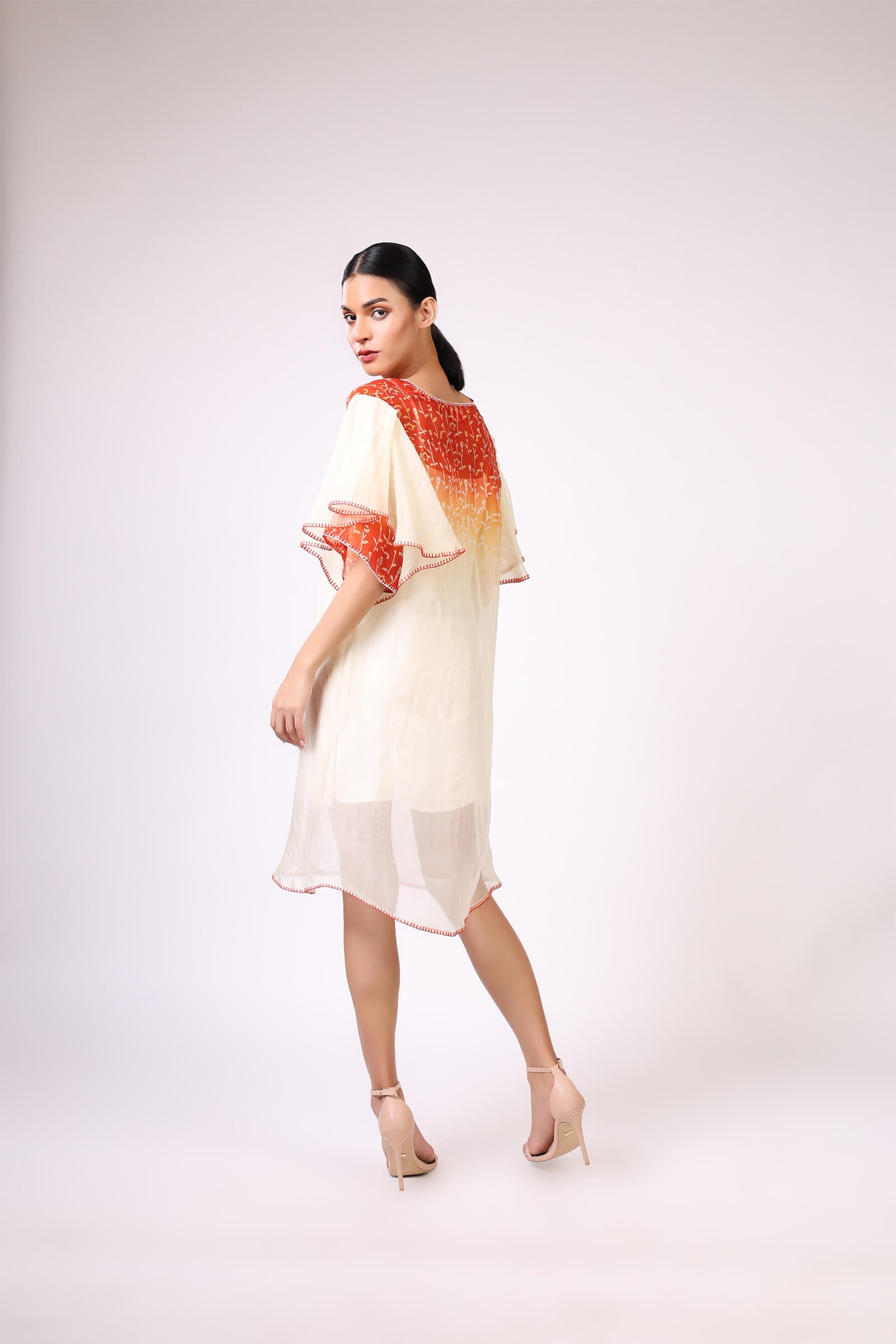 Orange Block Printed Silk Organza Dress