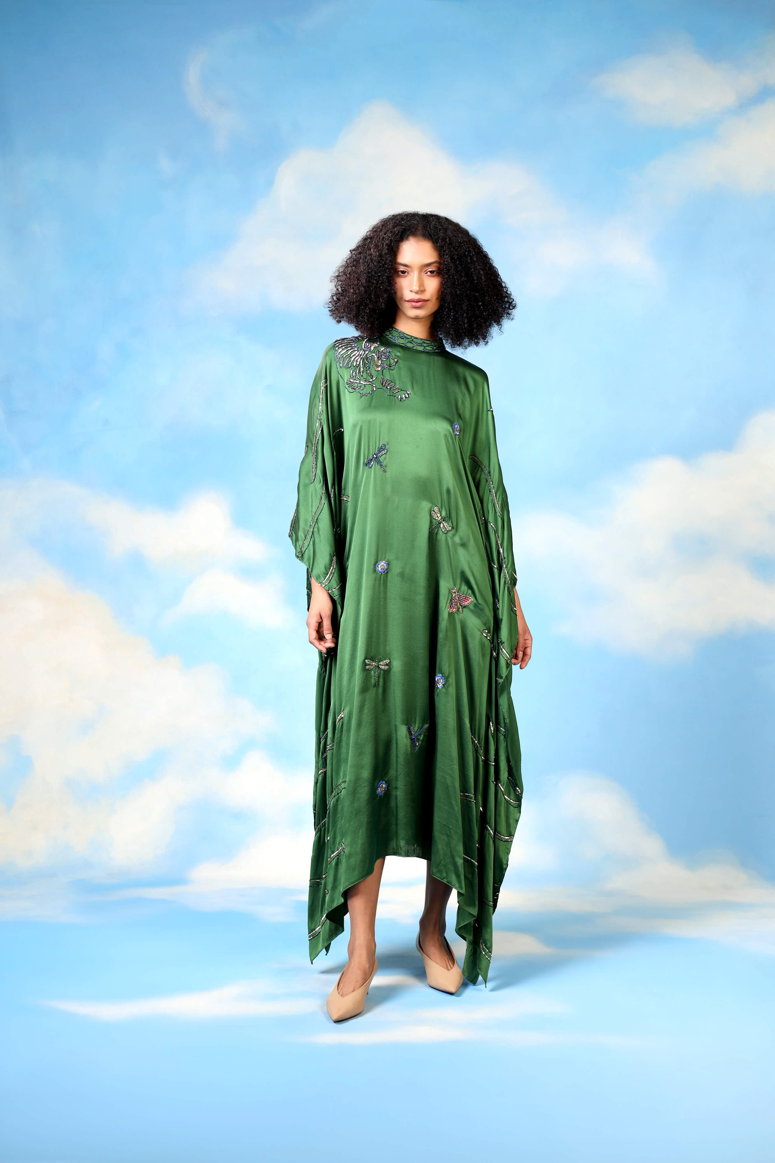 Green Satin Kaftan Dress