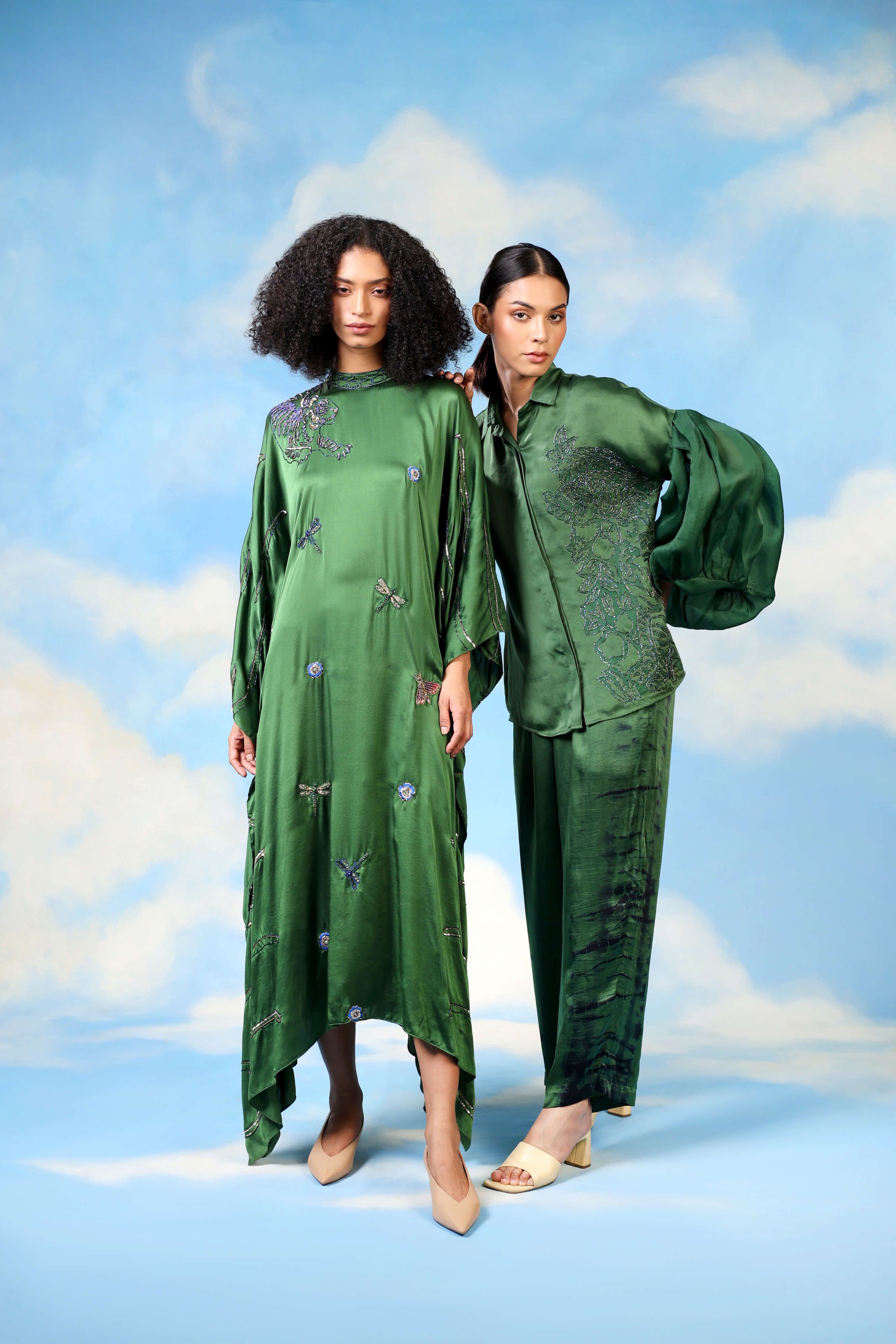 Green Satin Kaftan Dress