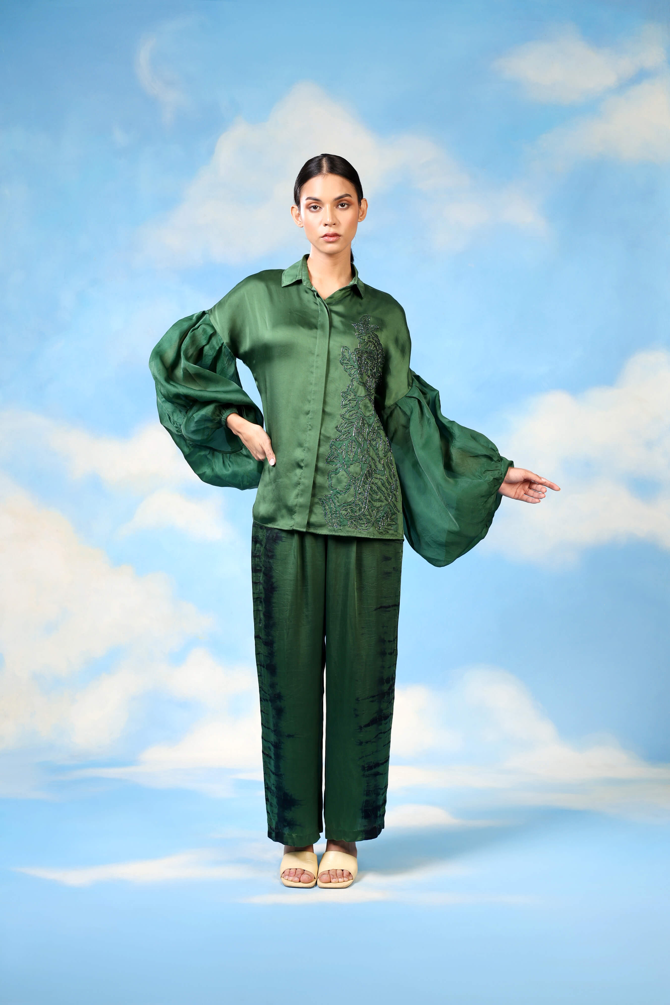 Green Satin Co Ord With Applique And Shibori Pants