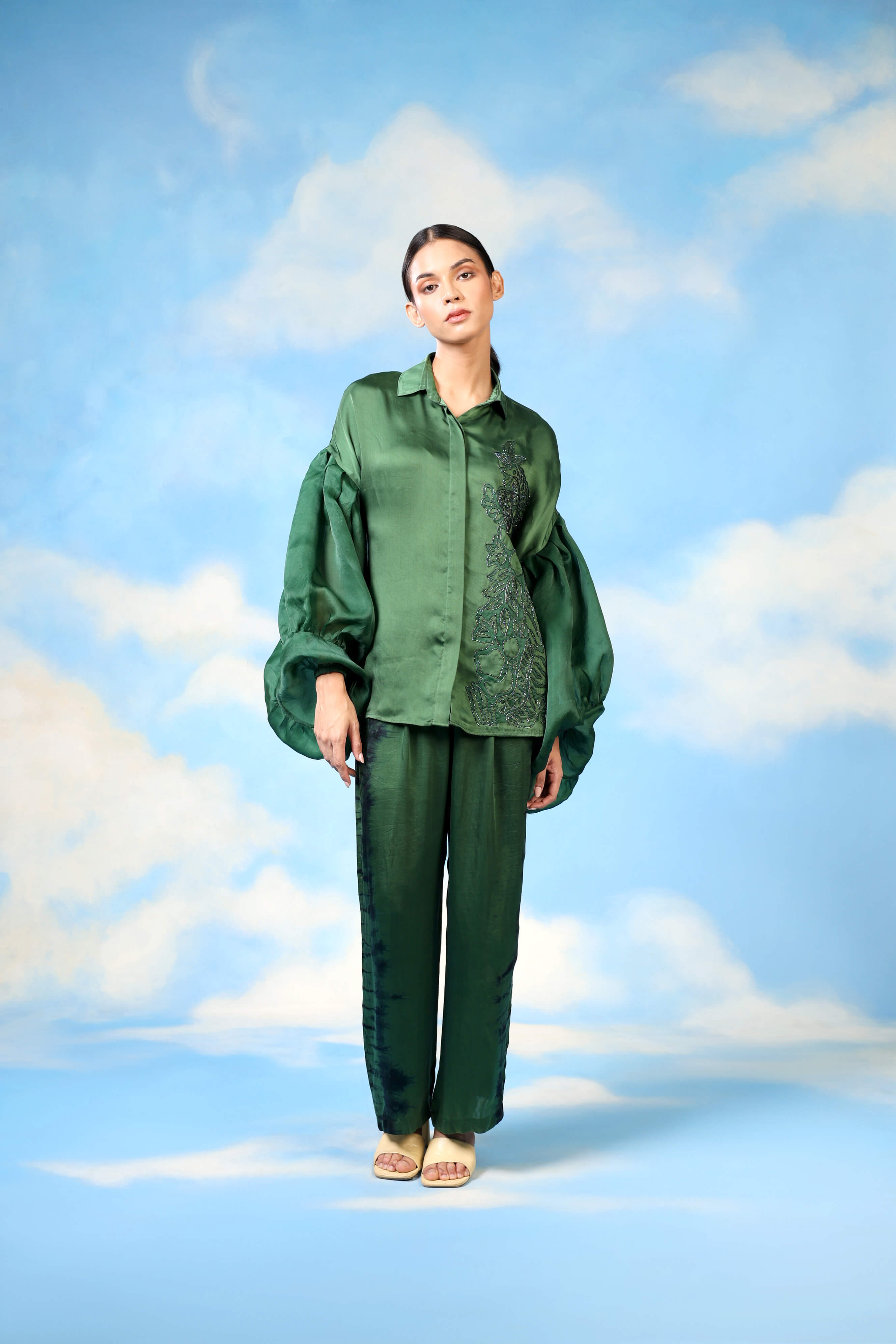 Green Satin Co Ord With Applique And Shibori Pants