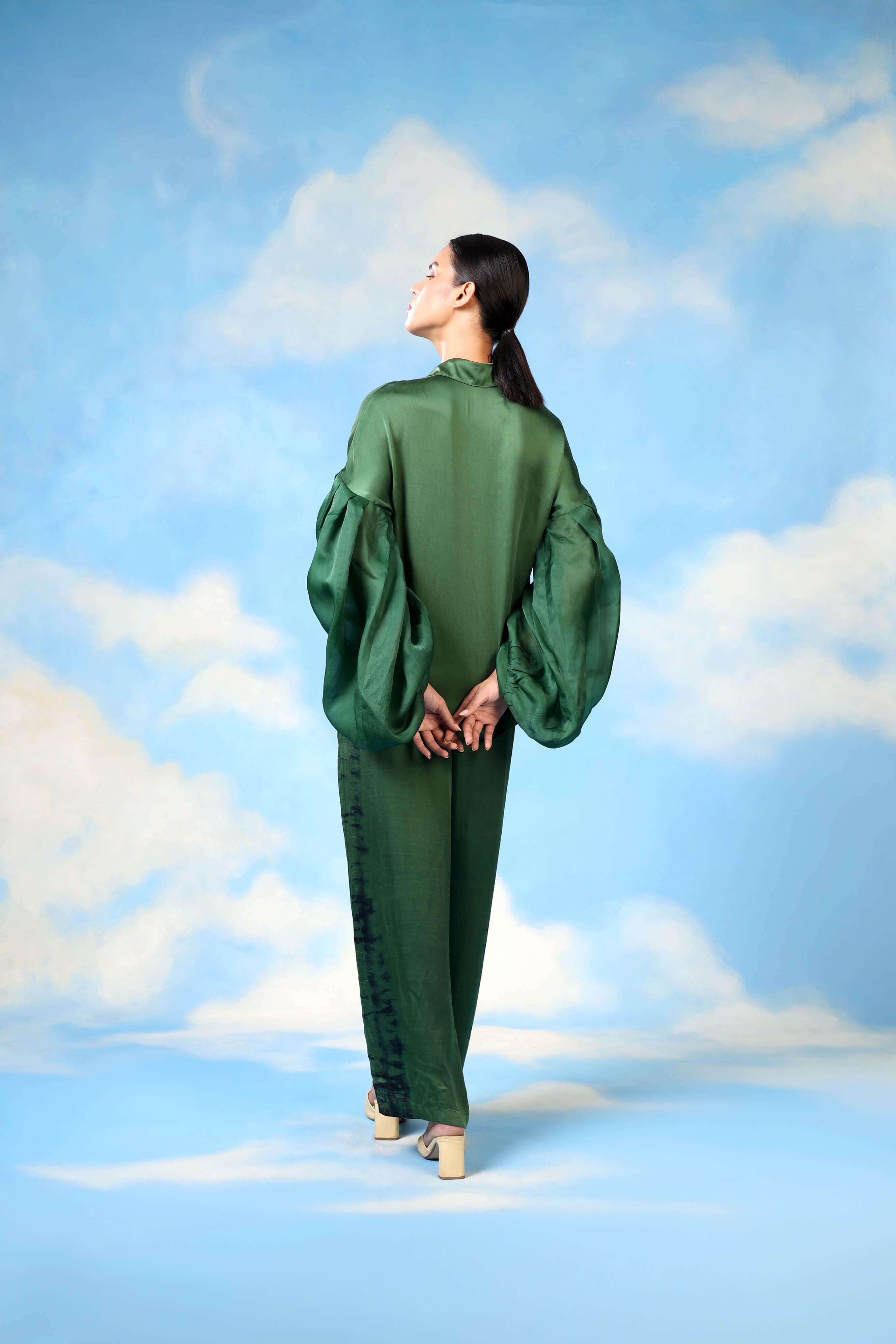 Green Satin Co Ord With Applique And Shibori Pants