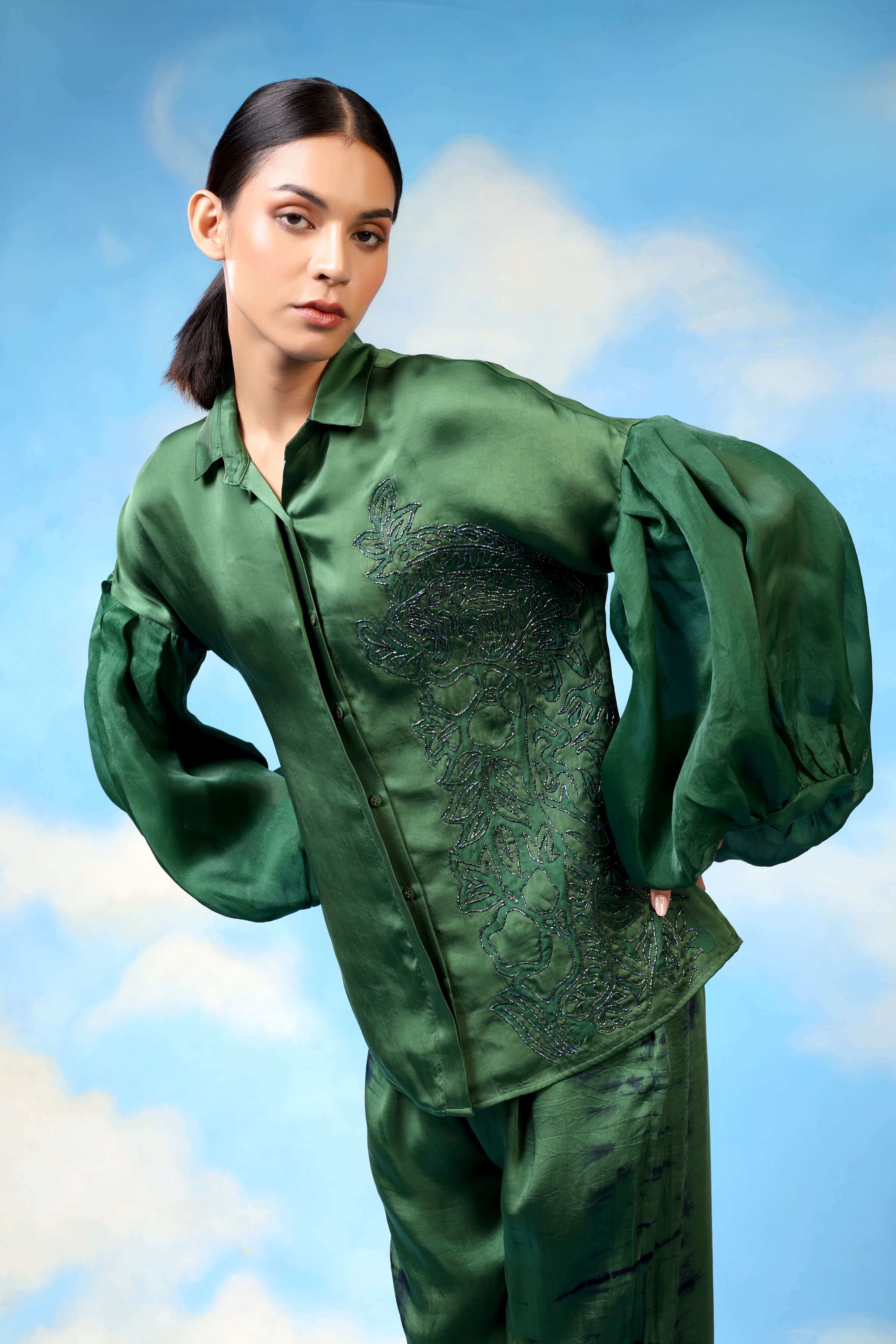 Green Satin Co Ord With Applique And Shibori Pants