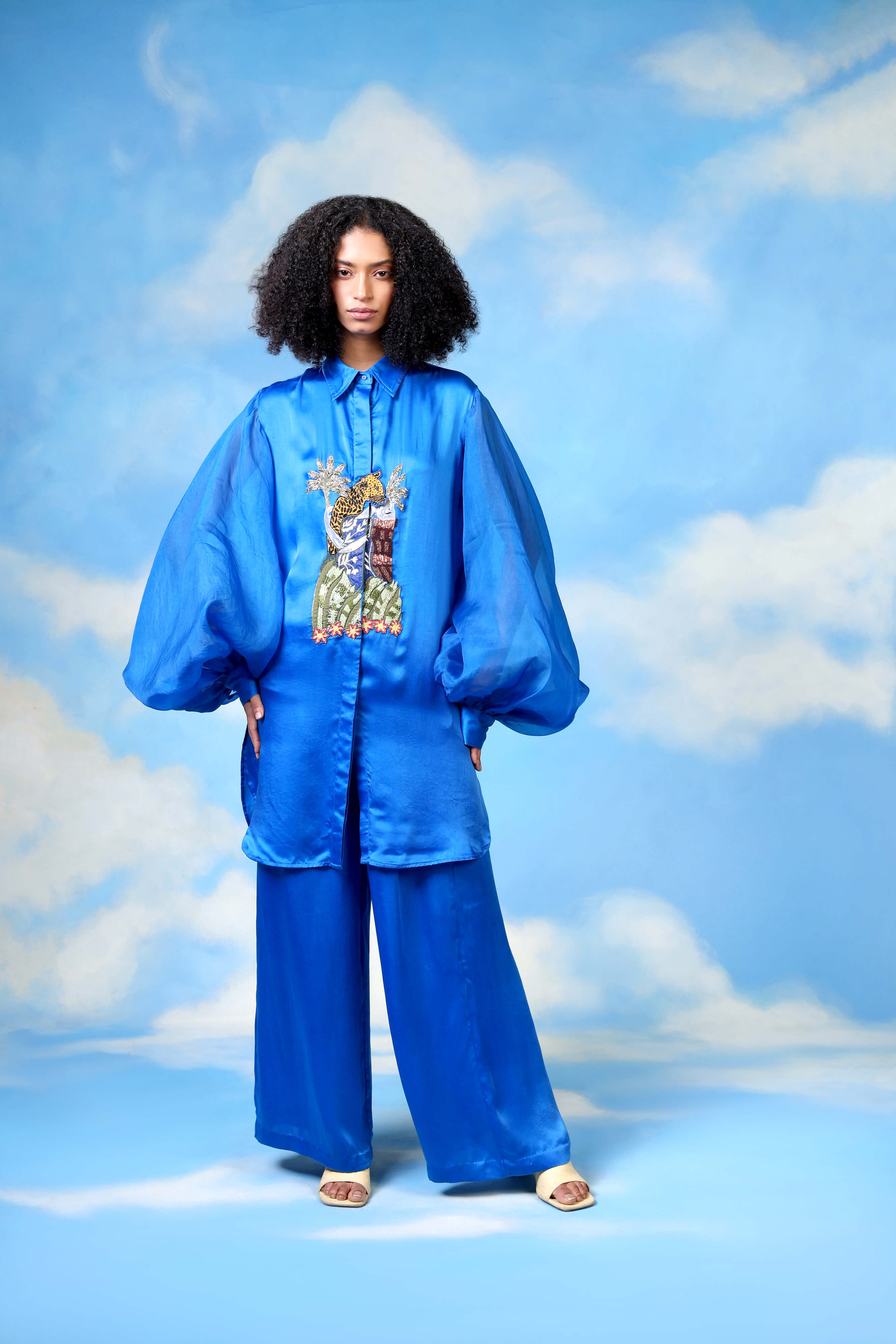 Blue Satin Co Ord With Satin Sleeves