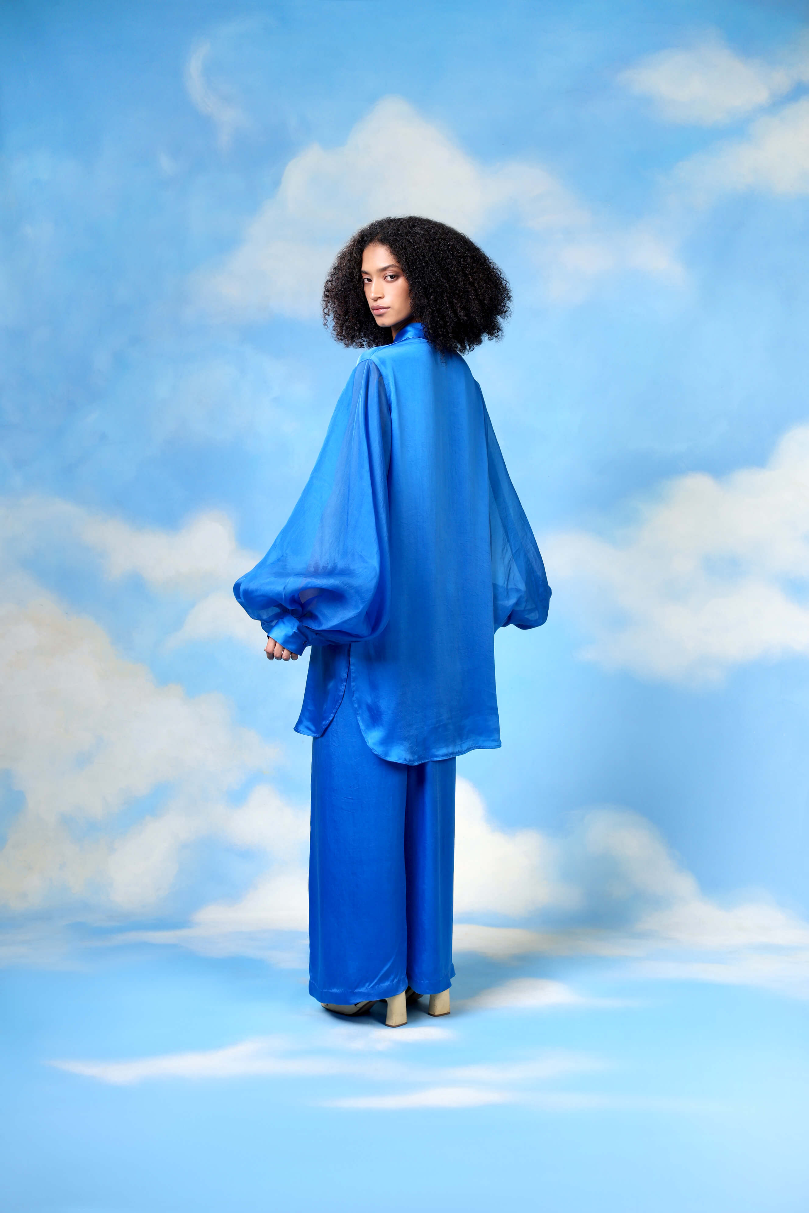 Blue Satin Co Ord With Satin Sleeves