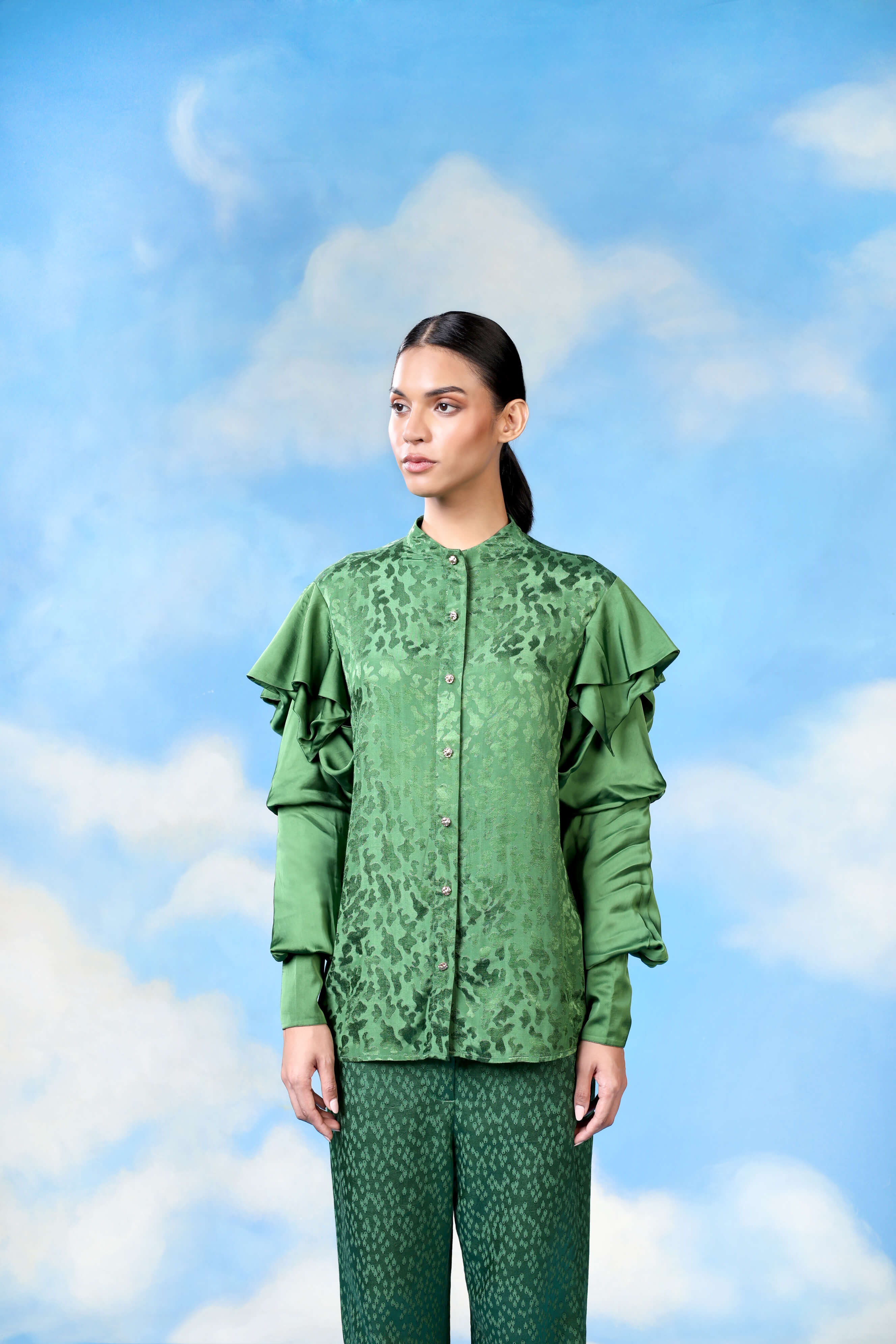 Green Jacquard Shirt With Layered Sleeves